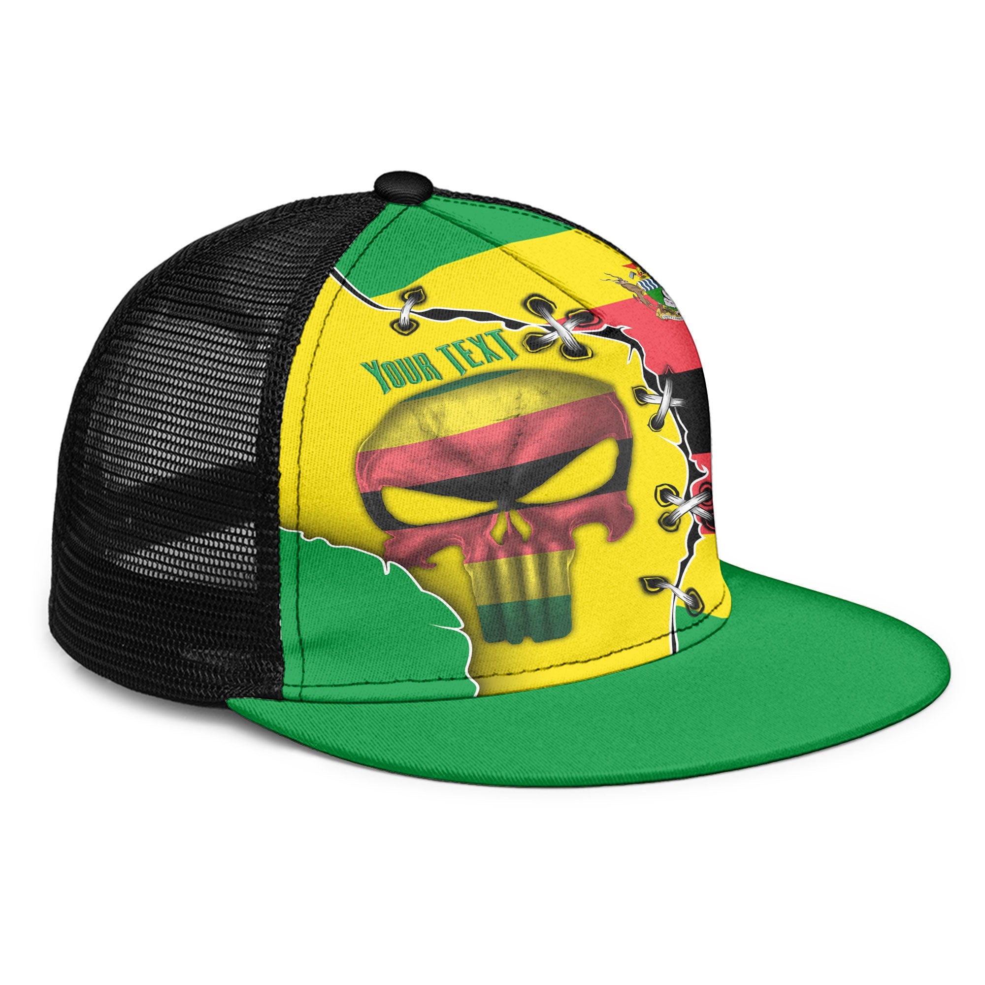 Zimbabwe Trucker Hat Flag & Coat Of Arms Skull Style