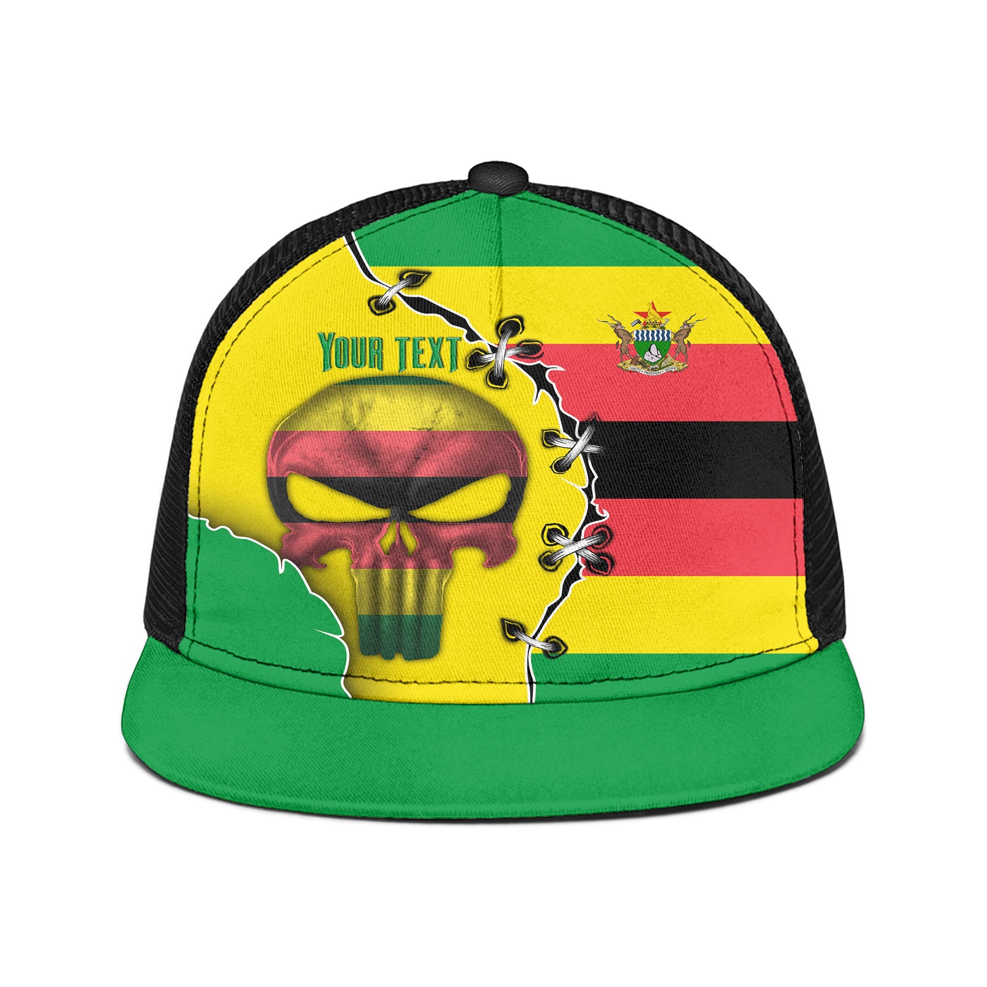 Zimbabwe Trucker Hat Flag & Coat Of Arms Skull Style