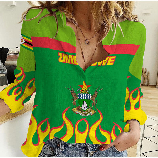 Zimbabwe Women Casual Shirt Flag & Coat Of Arms Fire Hockey Style