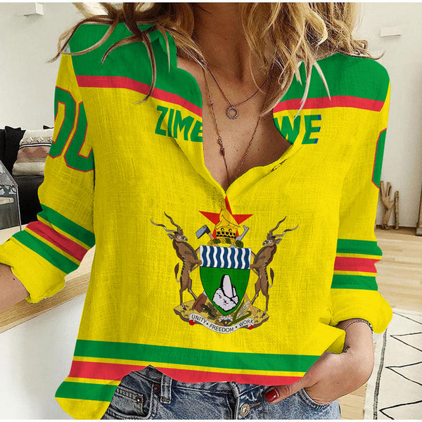 Zimbabwe Women Casual Shirt Flag & Coat Of Arms Hockey Style