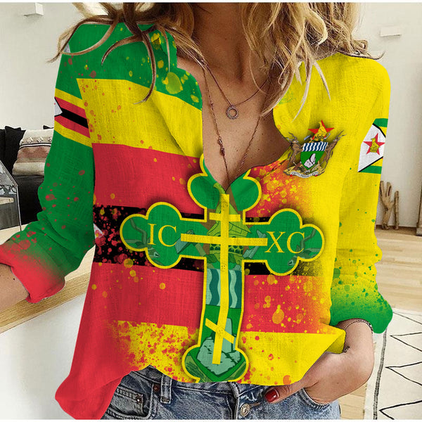 Zimbabwe Women Casual Shirt Flag & Coat Of Arms Orthodox Style