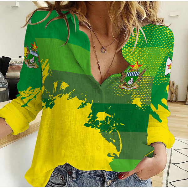 Zimbabwe Women Casual Shirt Flag & Coat Of Arms Paint Style