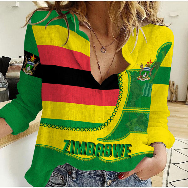 Zimbabwe Women Casual Shirt Flag & Coat Of Arms Leather Style