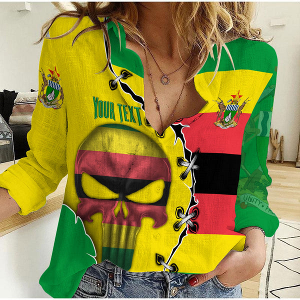 Zimbabwe Women Casual Shirt Flag & Coat Of Arms Skull Style