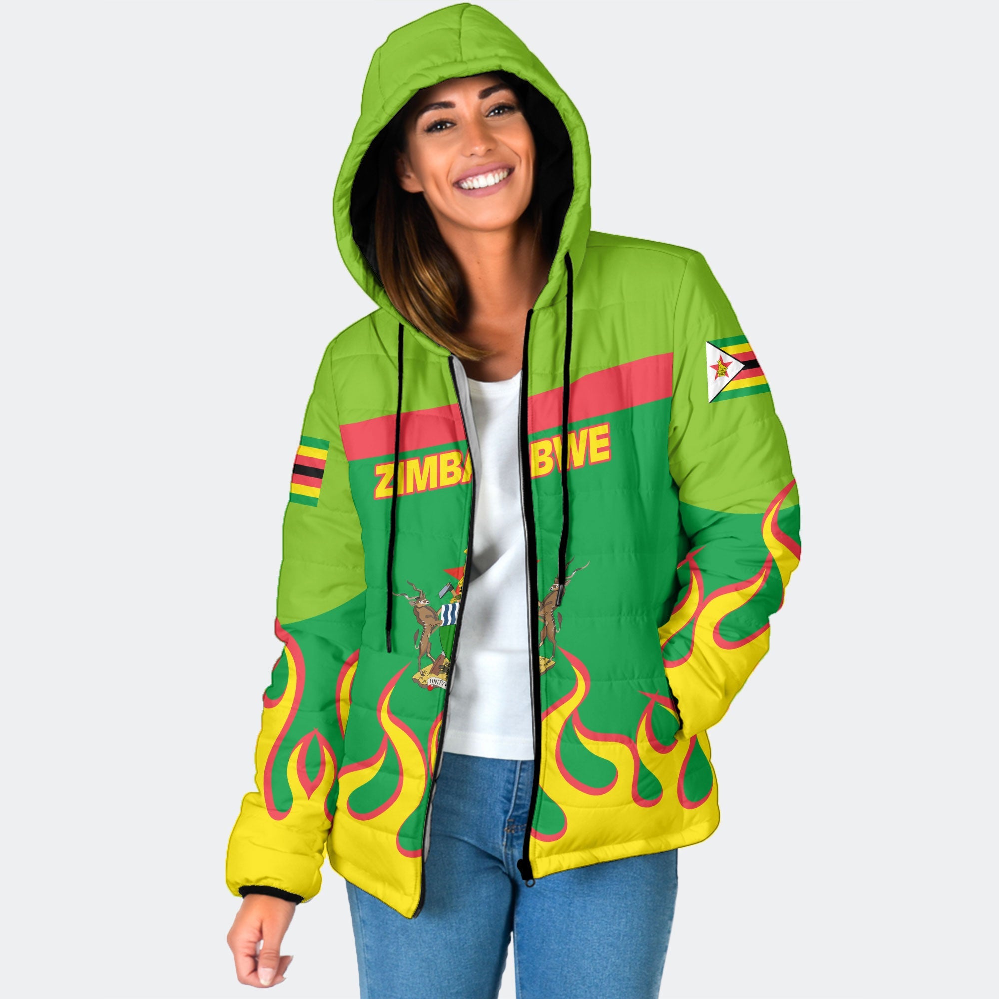 Zimbabwe Women Hooded Padded Jacket Flag & Coat Of Arms Fire Hockey Style