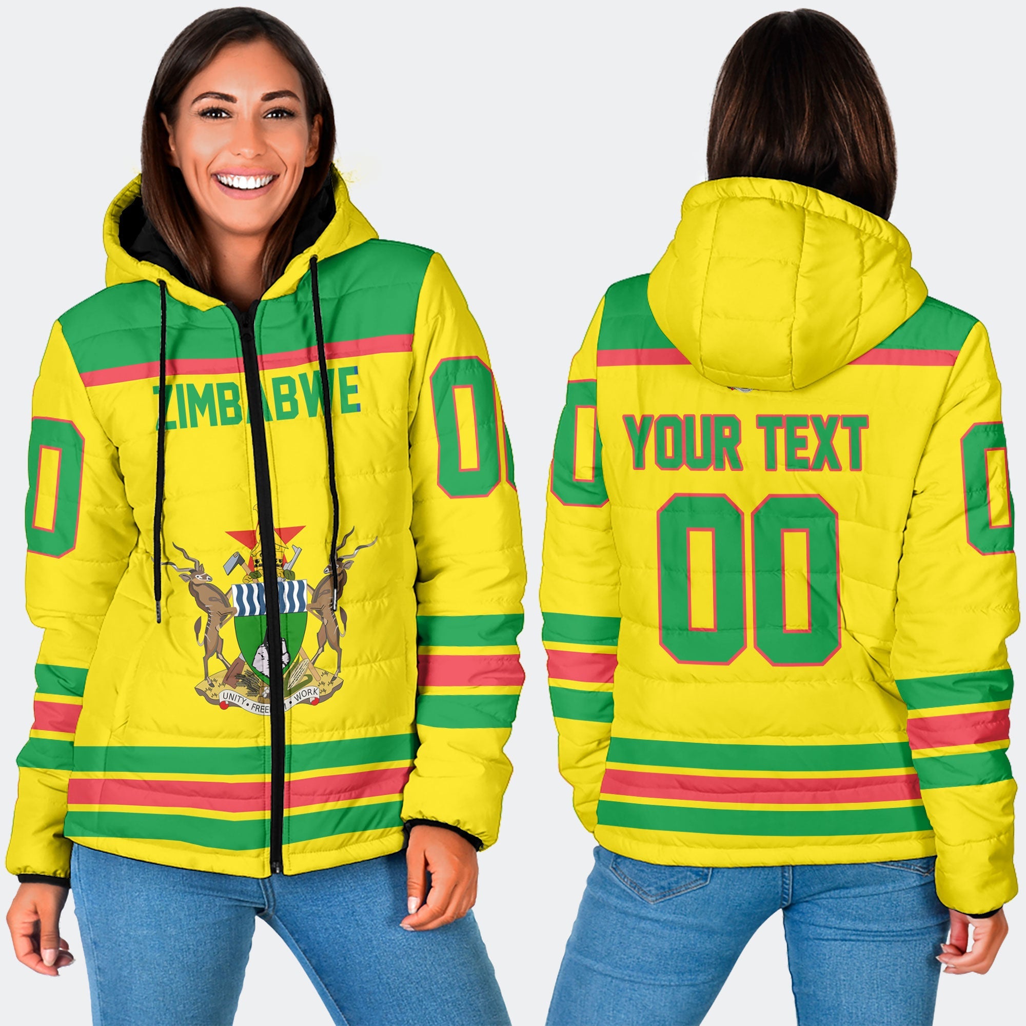 Zimbabwe Women Hooded Padded Jacket Flag & Coat Of Arms Hockey Style