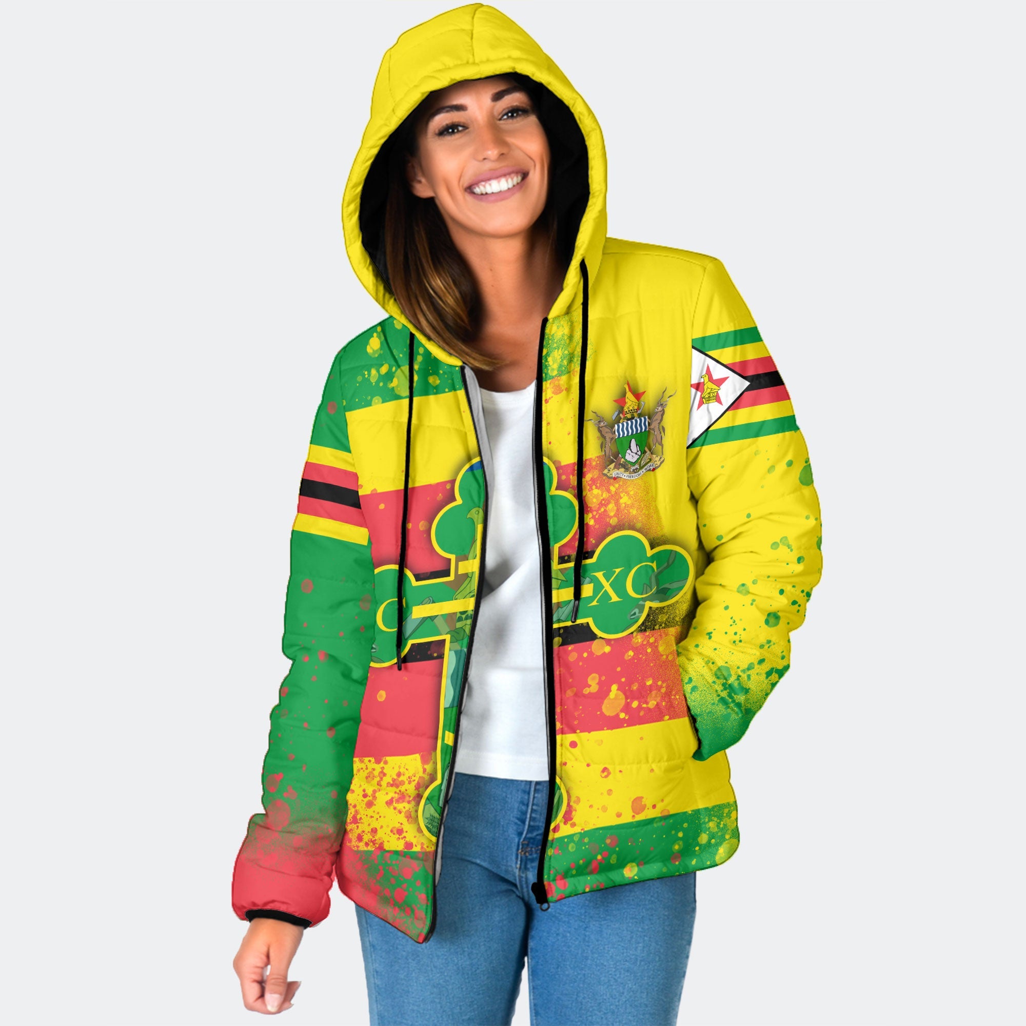 Zimbabwe Women Hooded Padded Jacket Flag & Coat Of Arms Orthodox Style