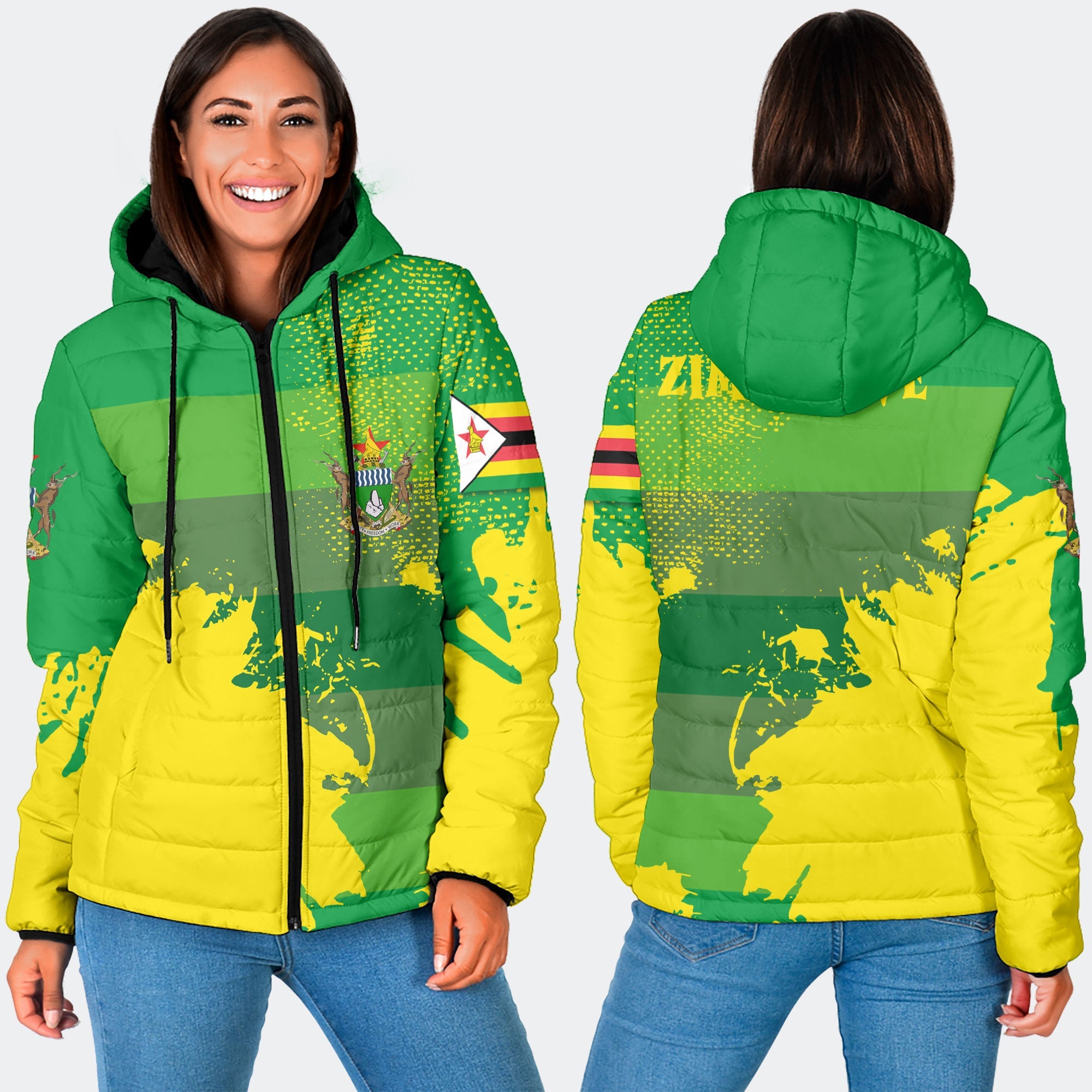 Zimbabwe Women Hooded Padded Jacket Flag & Coat Of Arms Paint Style