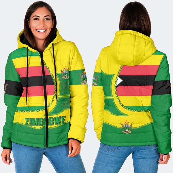 Zimbabwe Women Hooded Padded Jacket Flag & Coat Of Arms Leather Style