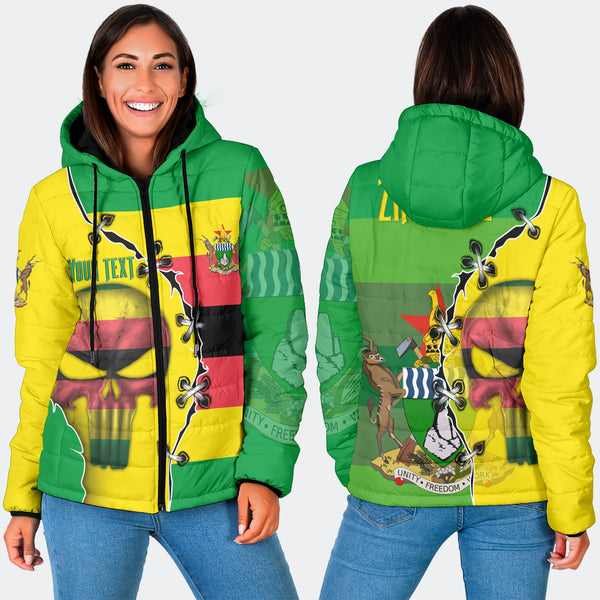 Zimbabwe Women Hooded Padded Jacket Flag & Coat Of Arms Skull Style