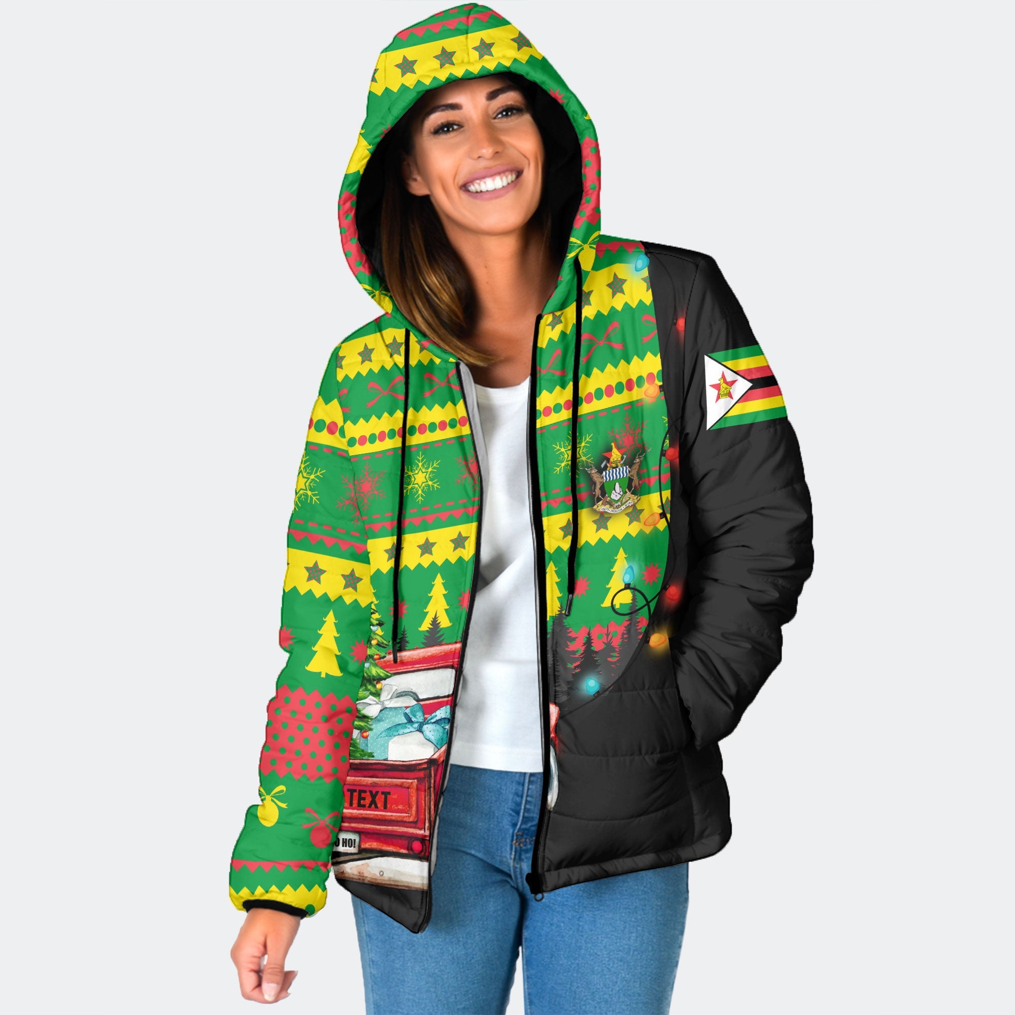 Zimbabwe Women Hooded Padded Jacket Coat Of Arms Christmas Style