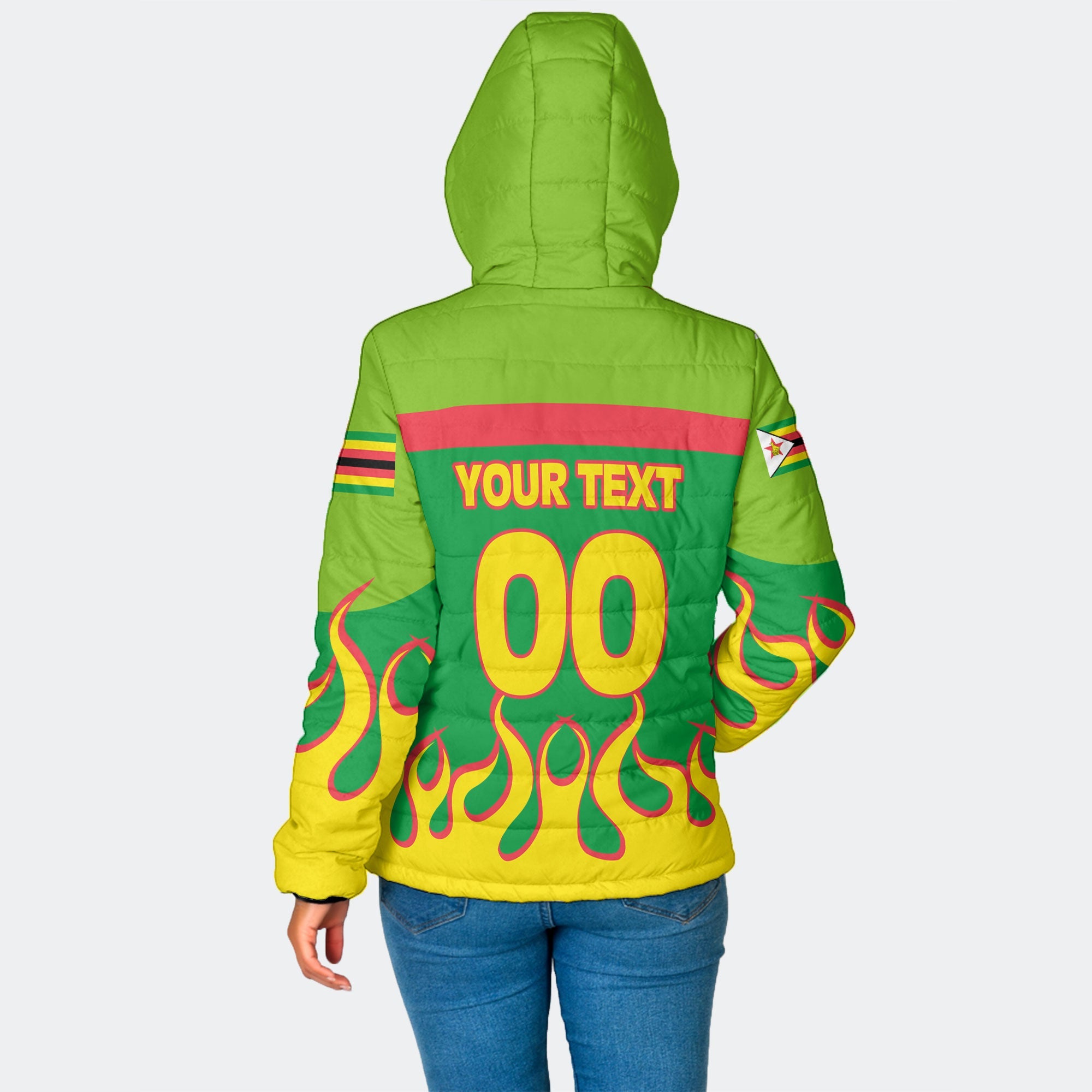 Zimbabwe Women Hooded Padded Jacket Flag & Coat Of Arms Fire Hockey Style