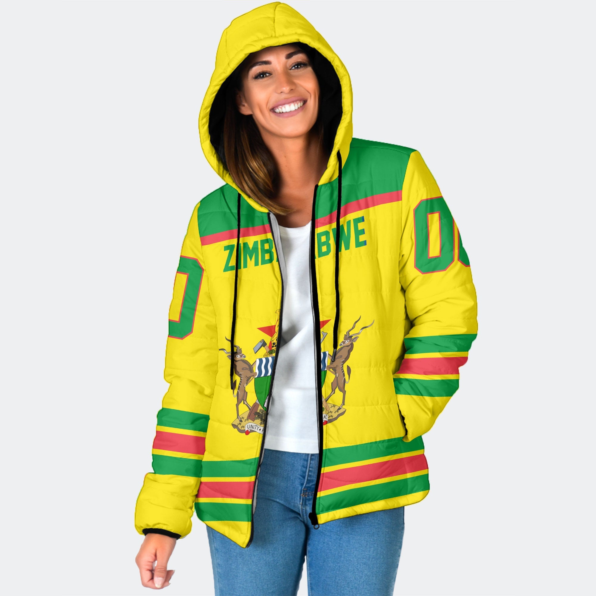 Zimbabwe Women Hooded Padded Jacket Flag & Coat Of Arms Hockey Style