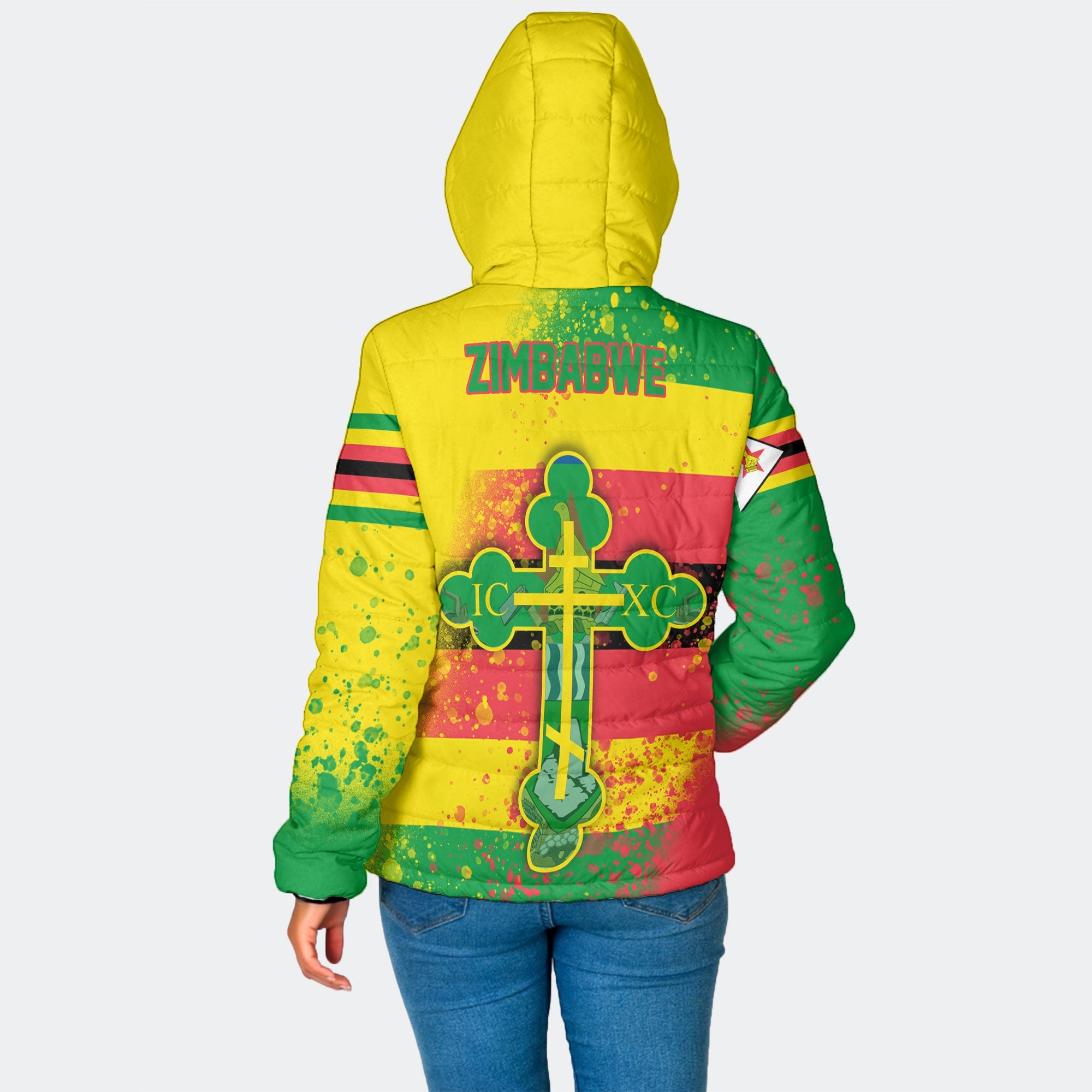 Zimbabwe Women Hooded Padded Jacket Flag & Coat Of Arms Orthodox Style