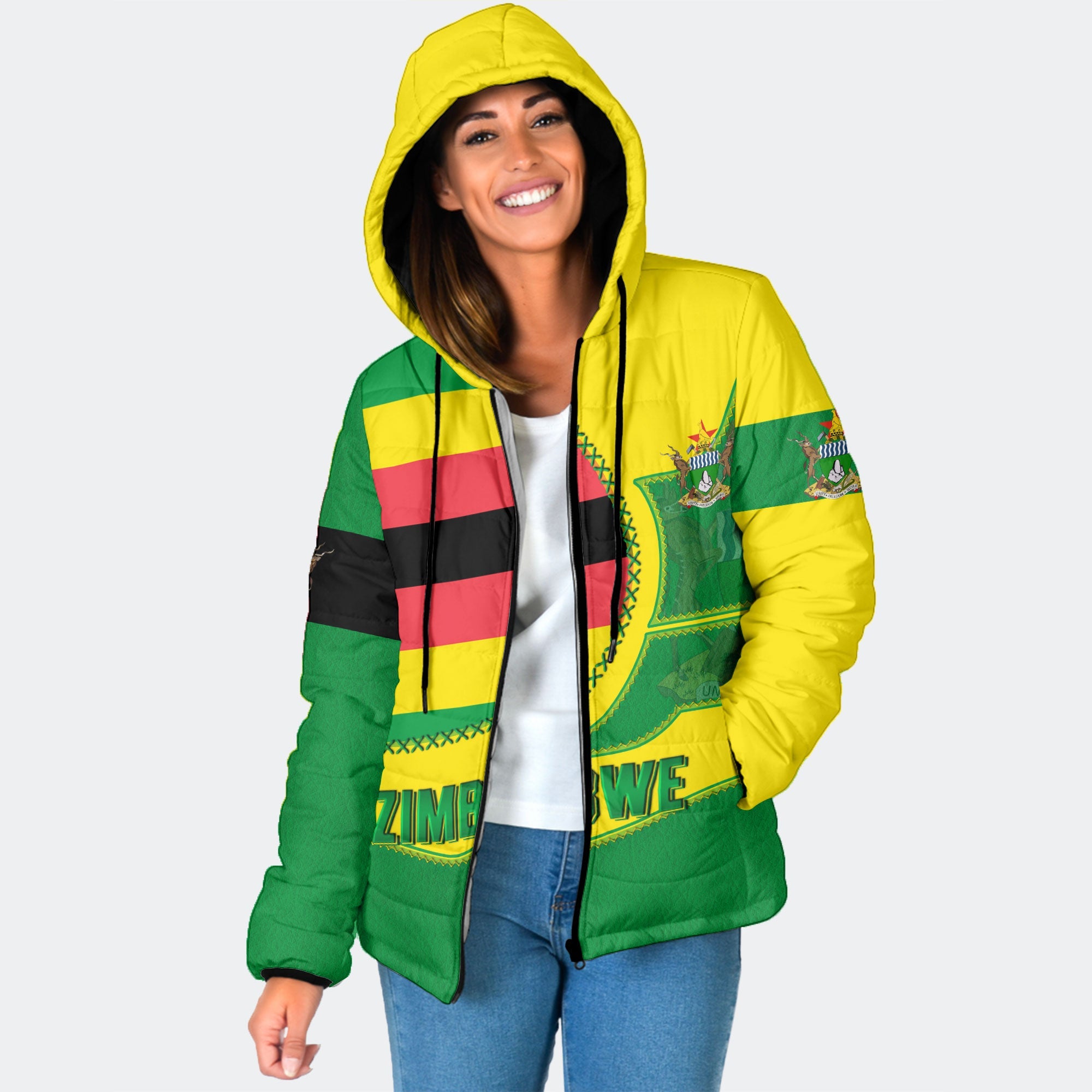 Zimbabwe Women Hooded Padded Jacket Flag & Coat Of Arms Leather Style