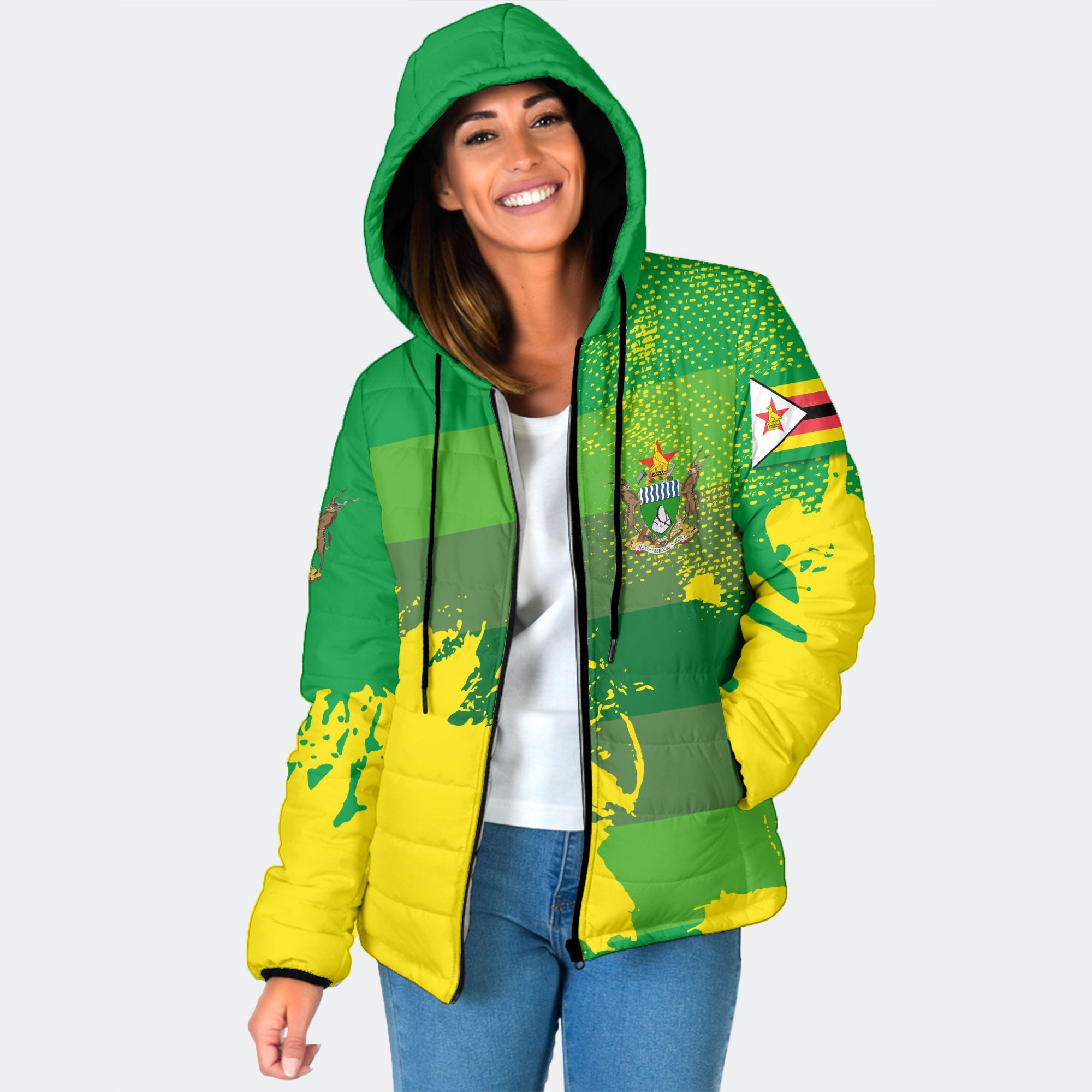 Zimbabwe Women Hooded Padded Jacket Flag & Coat Of Arms Paint Style