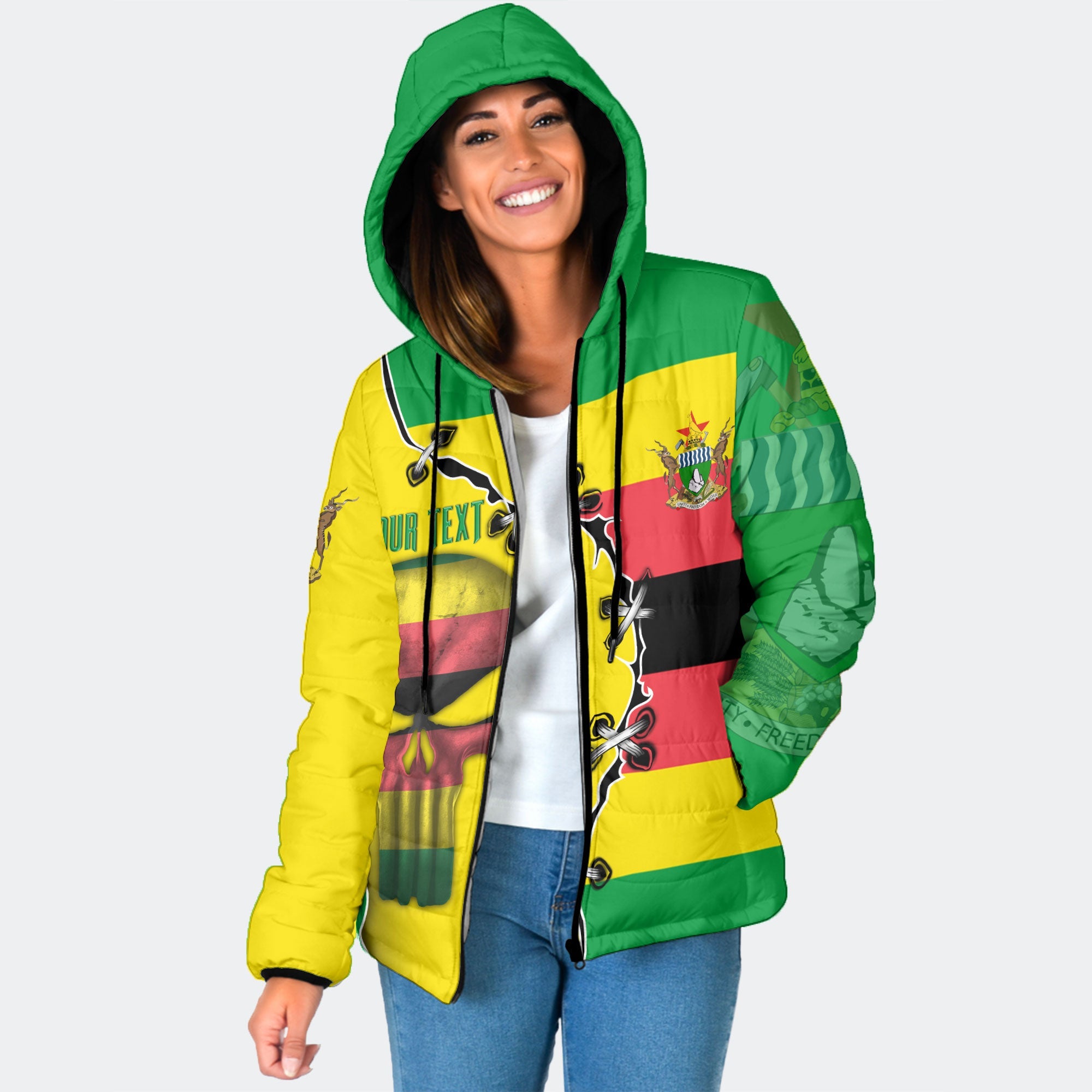 Zimbabwe Women Hooded Padded Jacket Flag & Coat Of Arms Skull Style