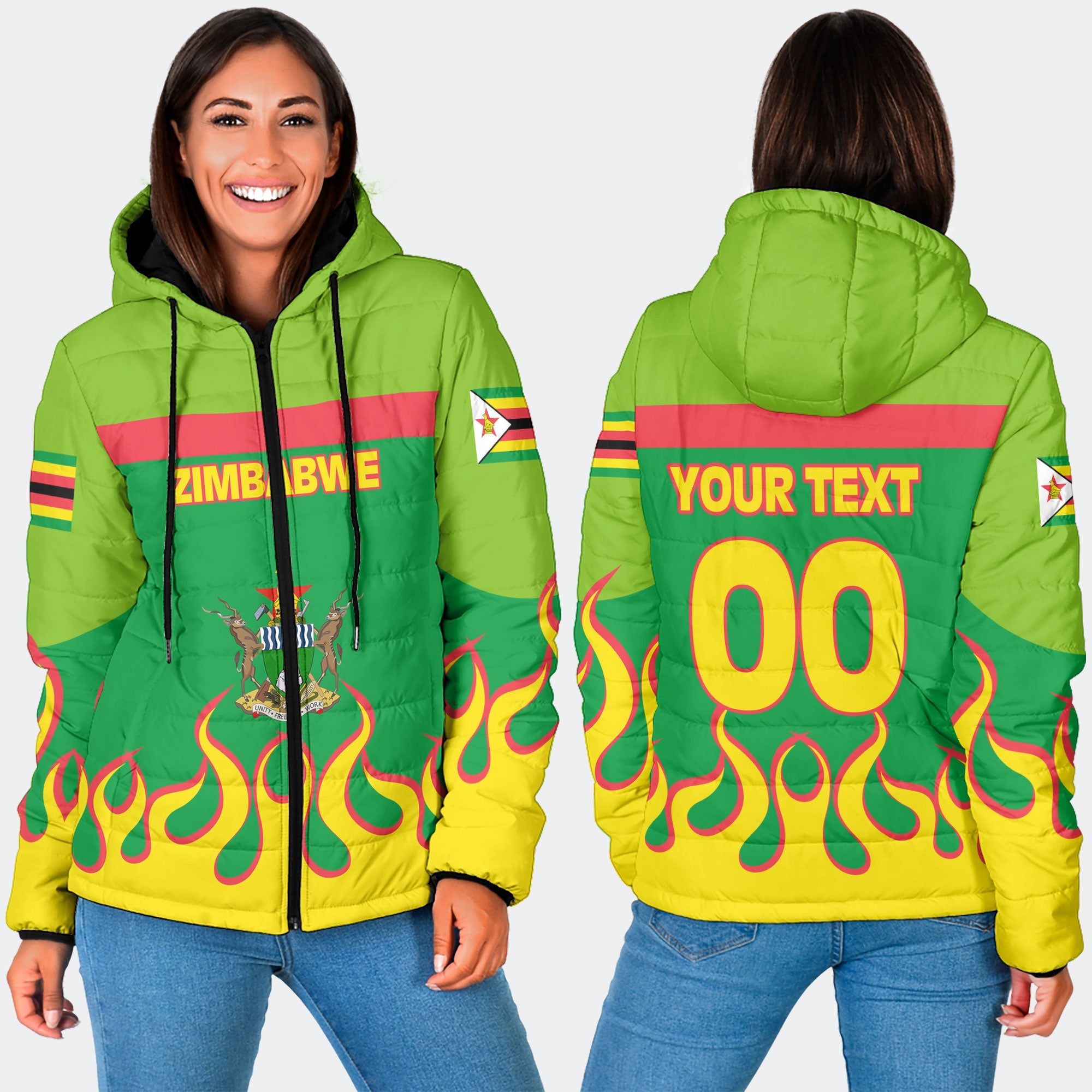 Zimbabwe Women Hooded Padded Jacket Flag & Coat Of Arms Fire Hockey Style