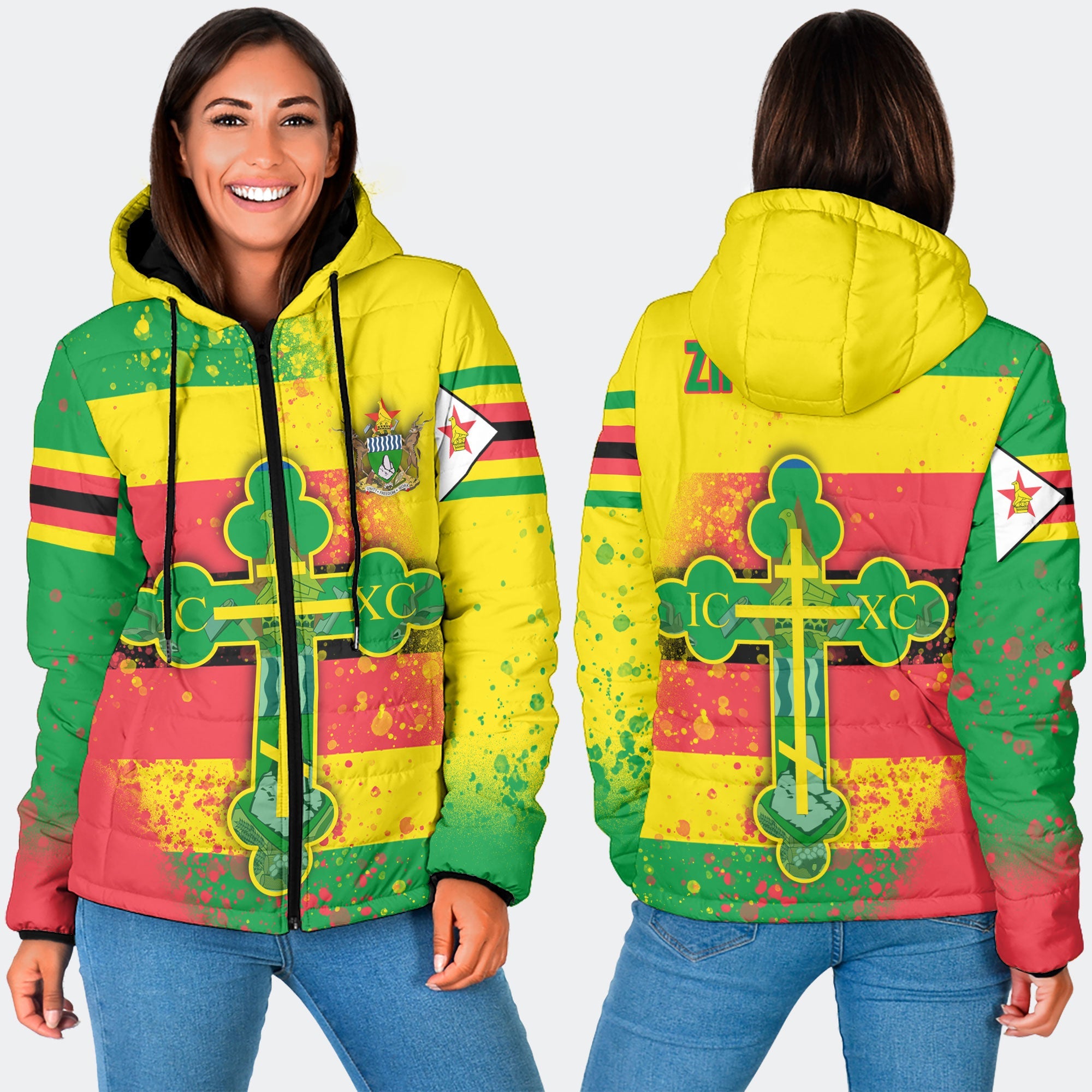 Zimbabwe Women Hooded Padded Jacket Flag & Coat Of Arms Orthodox Style