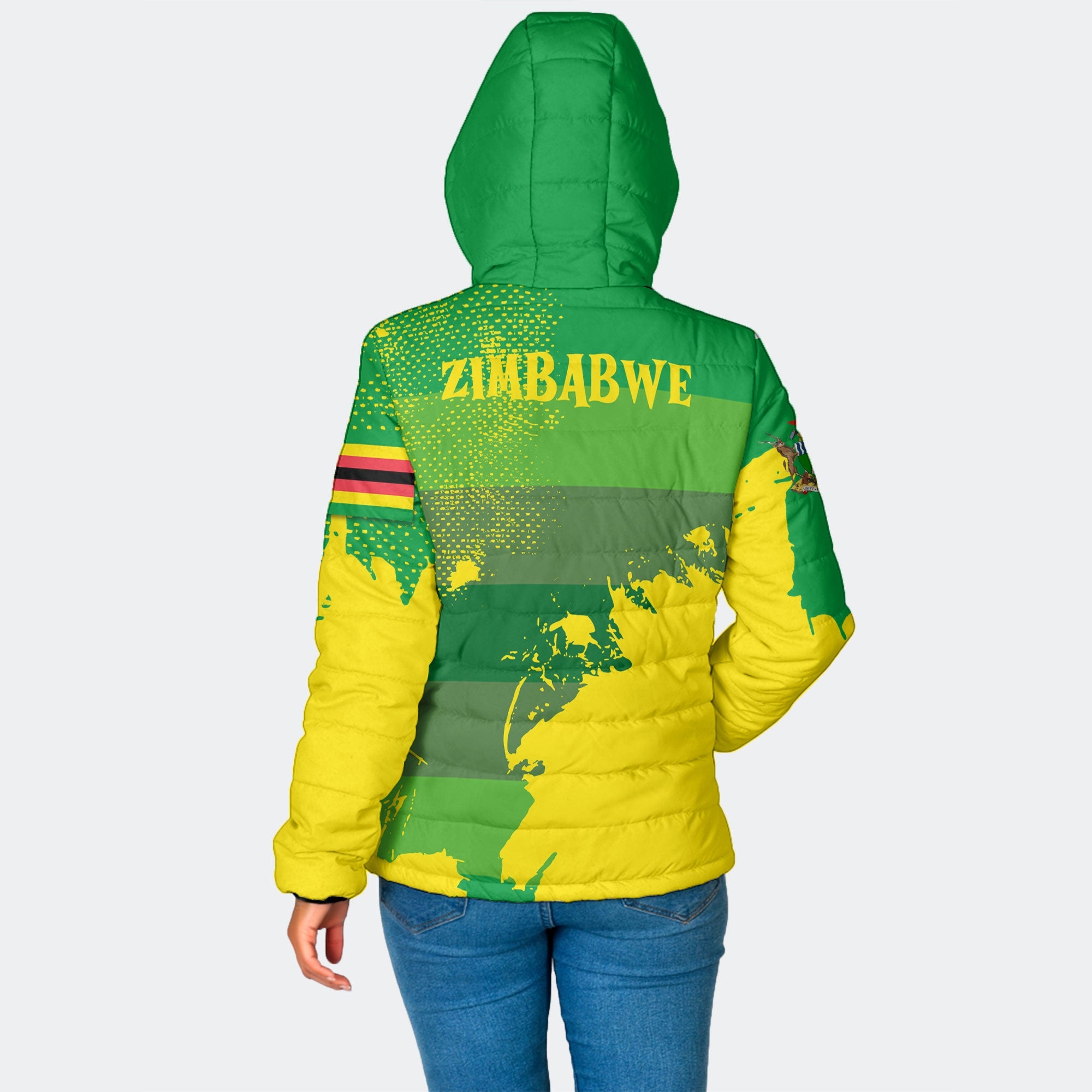 Zimbabwe Women Hooded Padded Jacket Flag & Coat Of Arms Paint Style