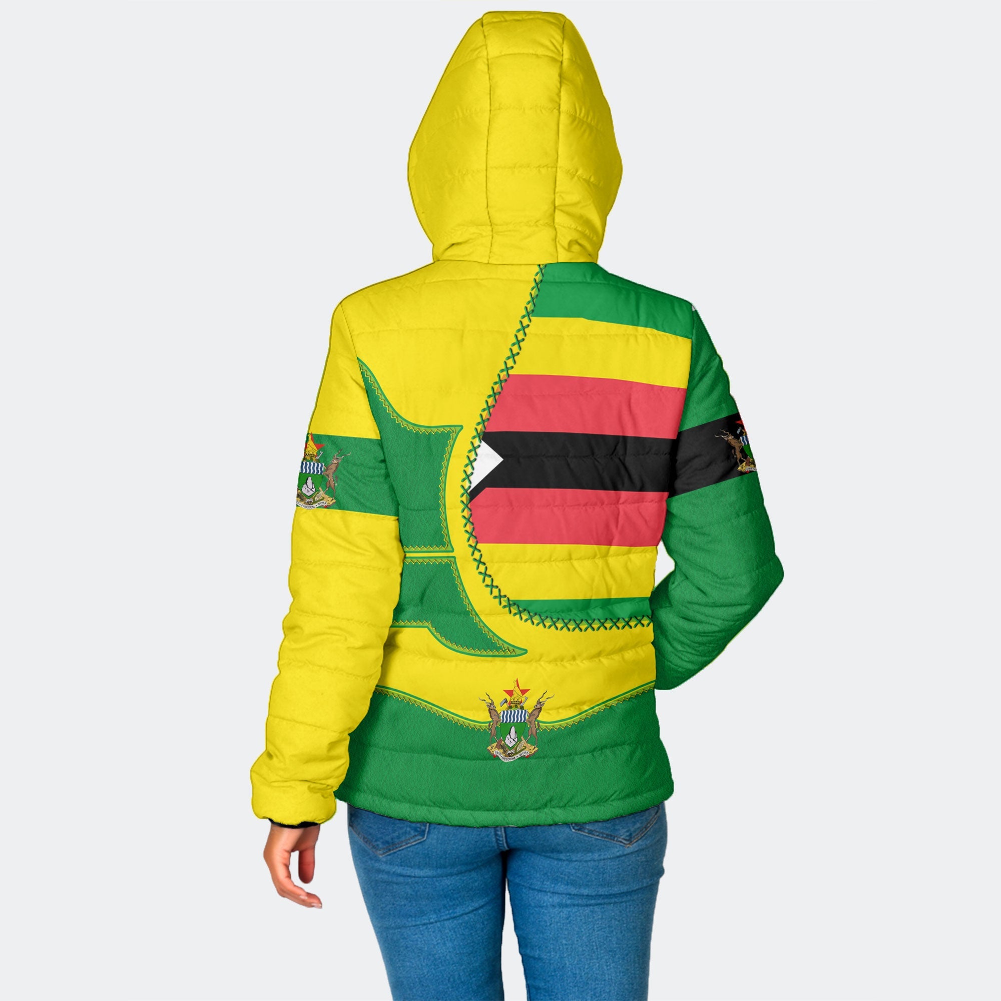 Zimbabwe Women Hooded Padded Jacket Flag & Coat Of Arms Leather Style