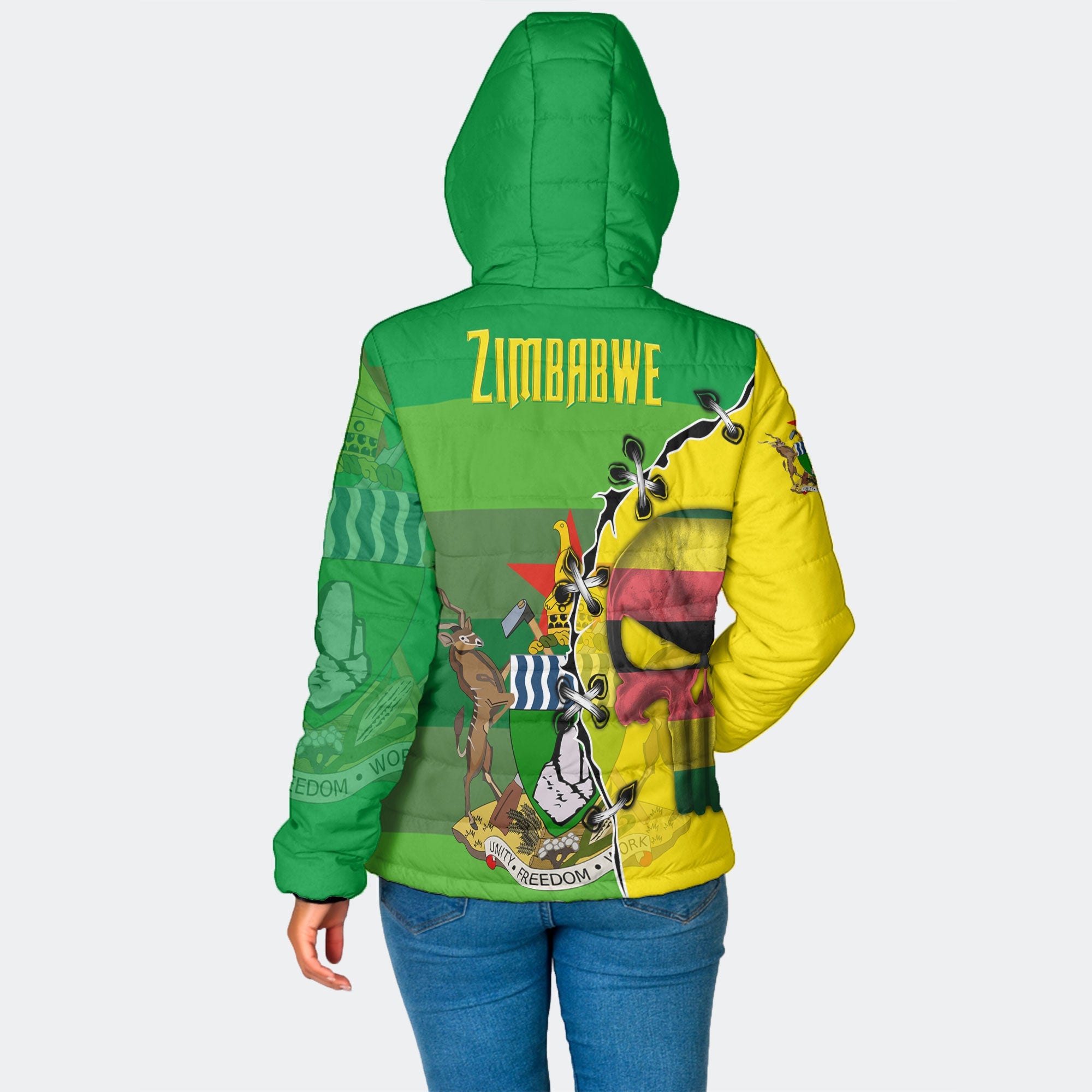 Zimbabwe Women Hooded Padded Jacket Flag & Coat Of Arms Skull Style