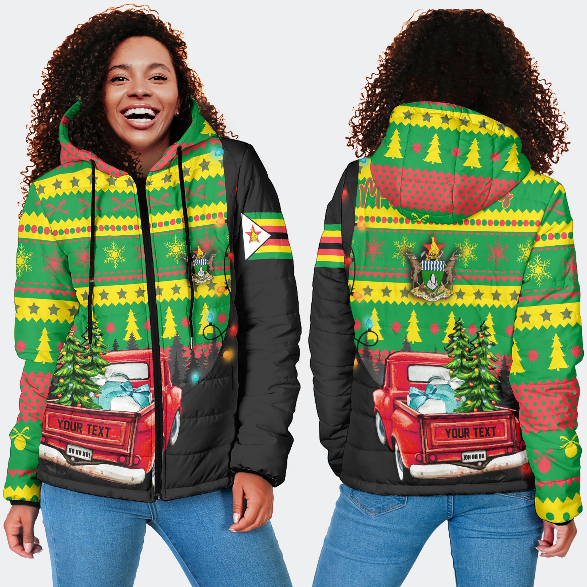 Zimbabwe Women Hooded Padded Jacket Coat Of Arms Christmas Style