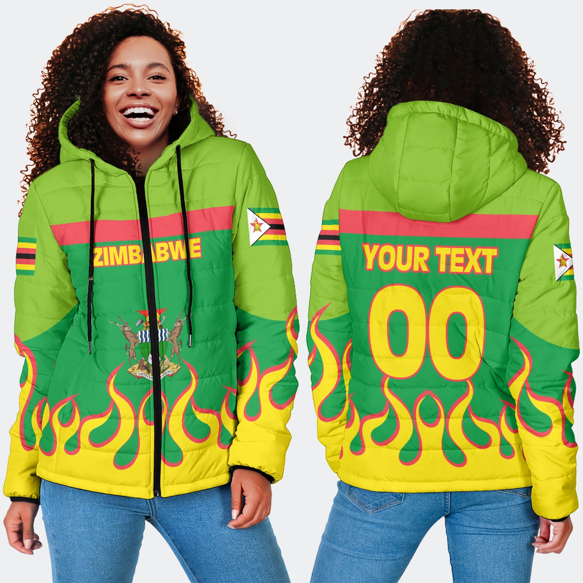 Zimbabwe Women Hooded Padded Jacket Flag & Coat Of Arms Fire Hockey Style