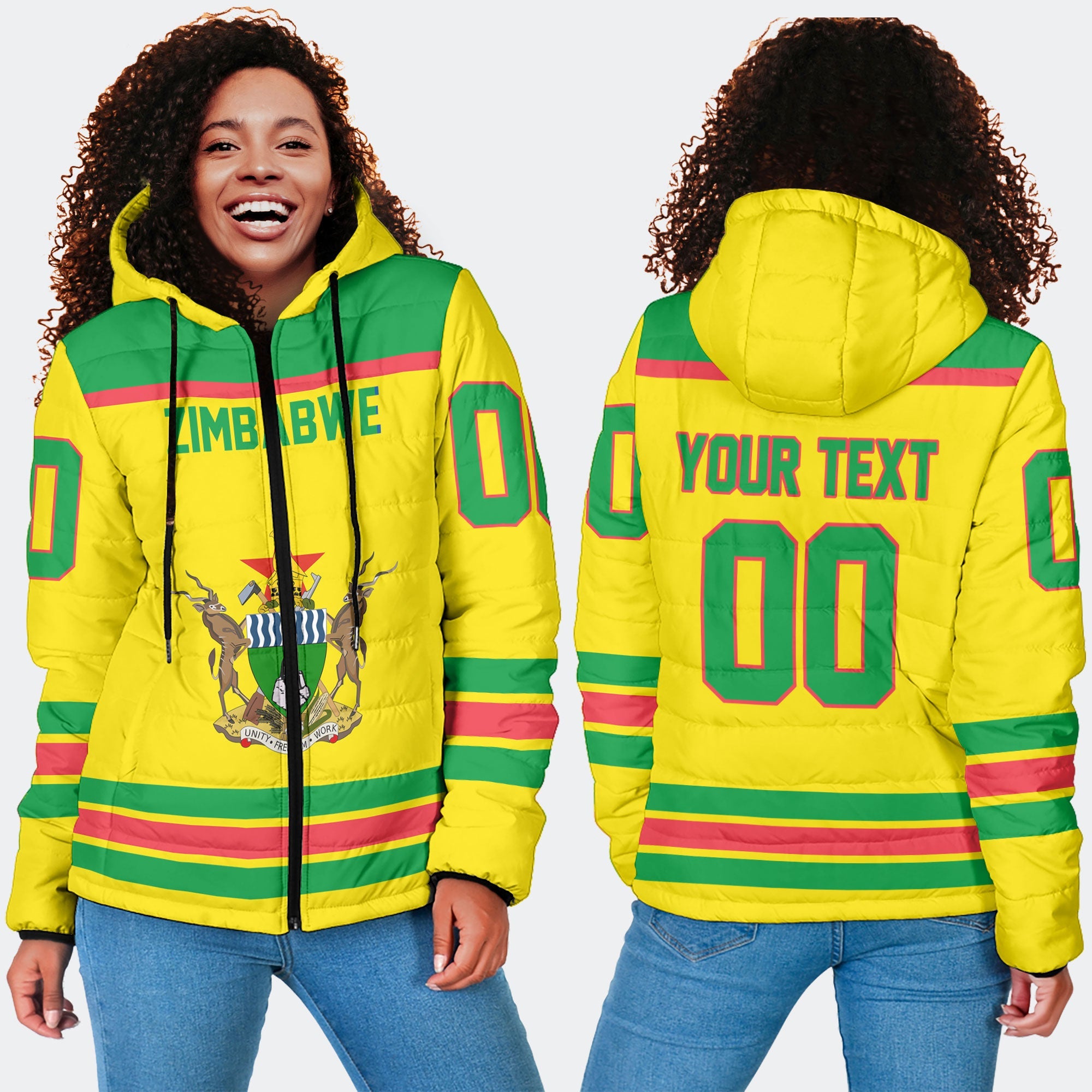 Zimbabwe Women Hooded Padded Jacket Flag & Coat Of Arms Hockey Style