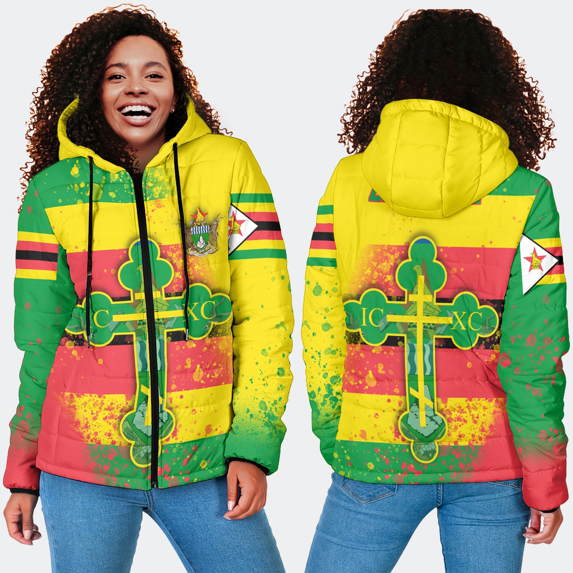 Zimbabwe Women Hooded Padded Jacket Flag & Coat Of Arms Orthodox Style