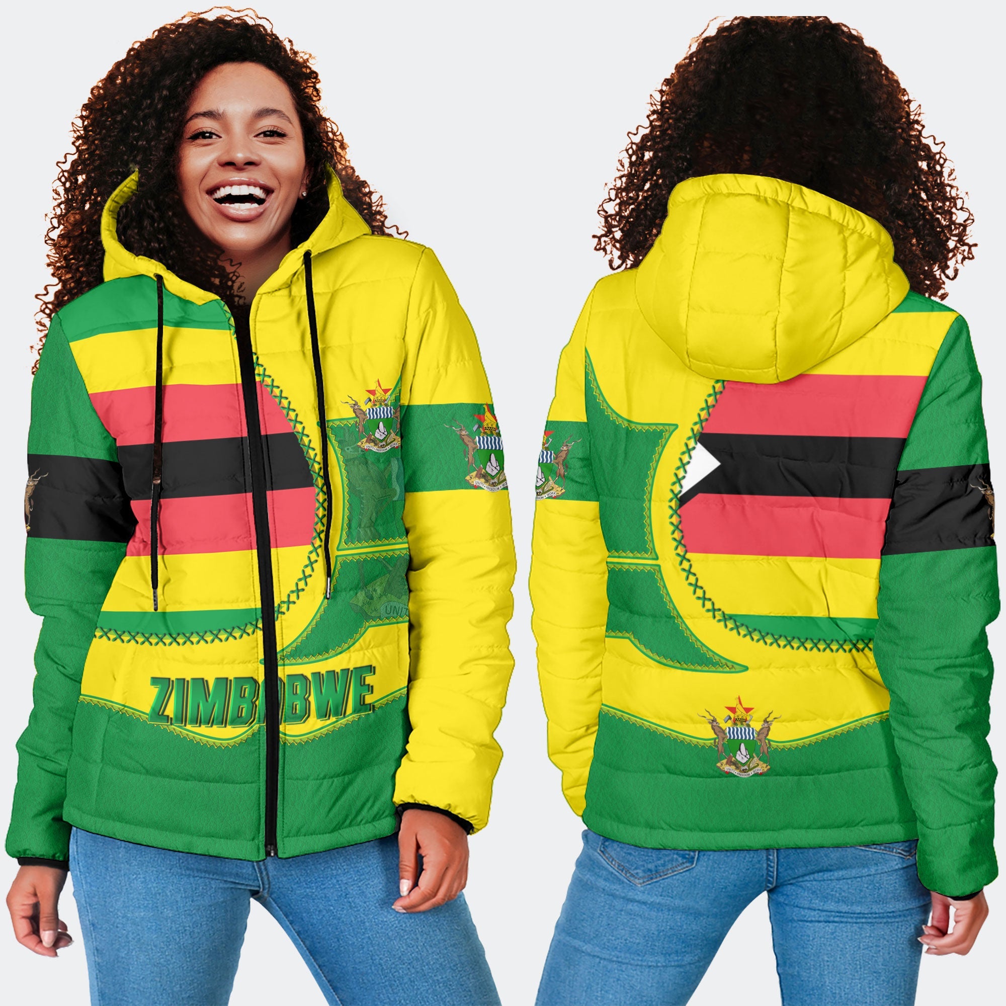 Zimbabwe Women Hooded Padded Jacket Flag & Coat Of Arms Leather Style