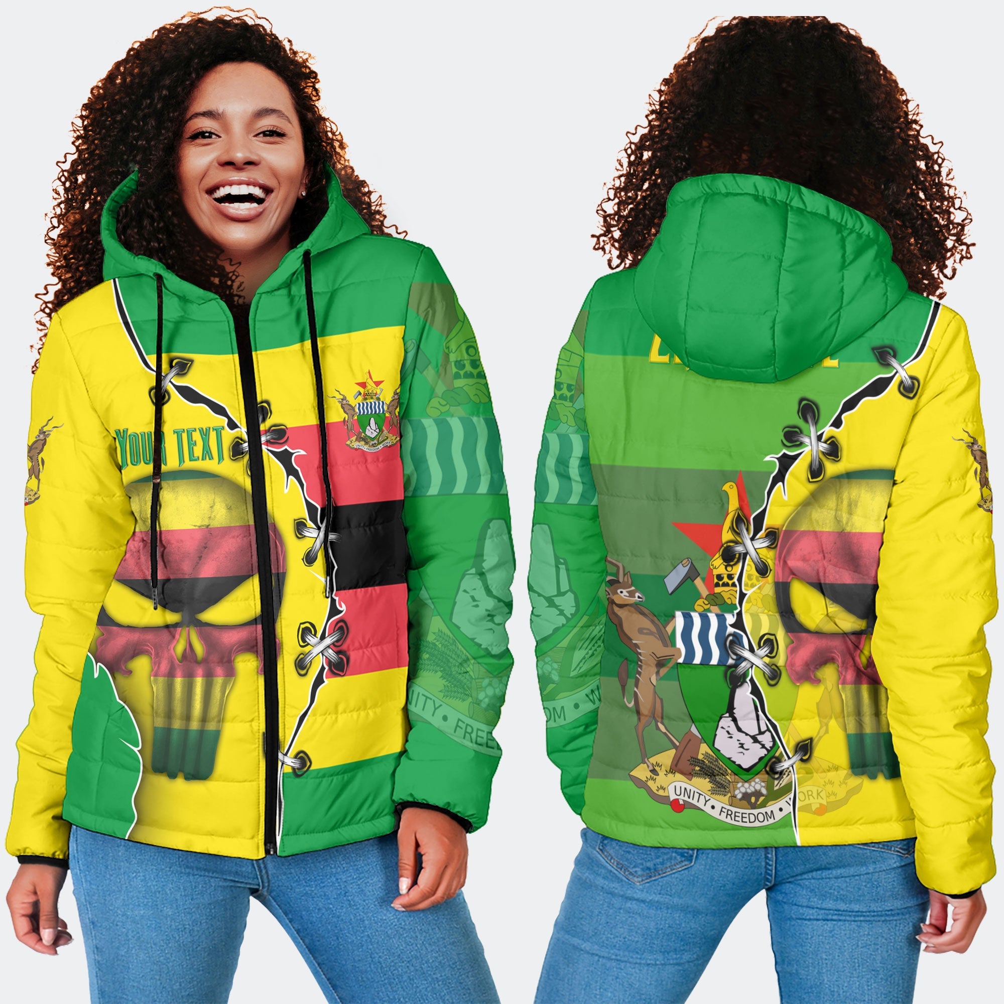 Zimbabwe Women Hooded Padded Jacket Flag & Coat Of Arms Skull Style