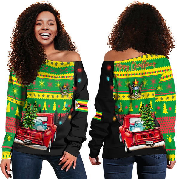 Zimbabwe Women Off Shoulder Sweatshirt Coat Of Arms Christmas Style