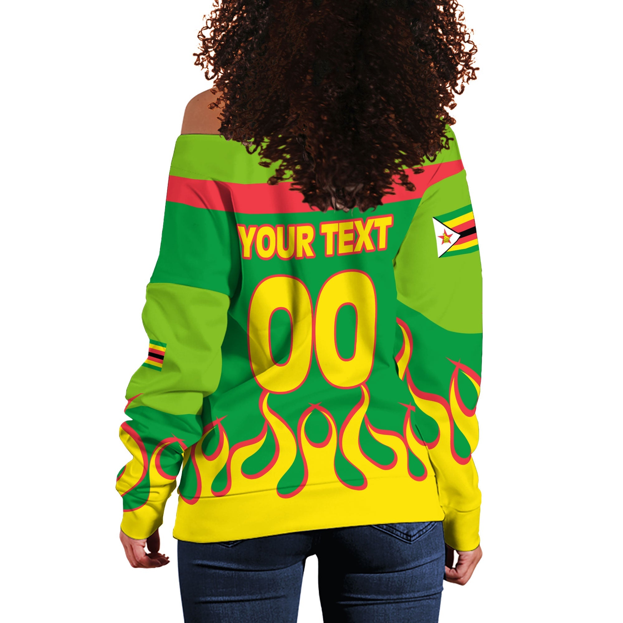 Zimbabwe Women Off Shoulder Sweatshirt Flag & Coat Of Arms Fire Hockey Style