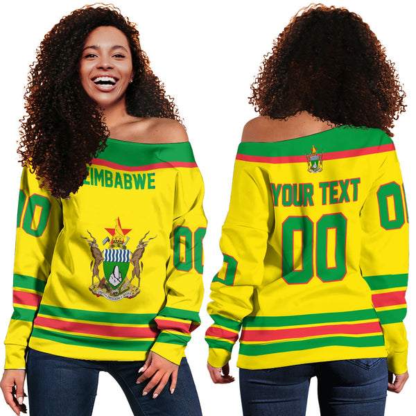 Zimbabwe Women Off Shoulder Sweatshirt Flag & Coat Of Arms Hockey Style