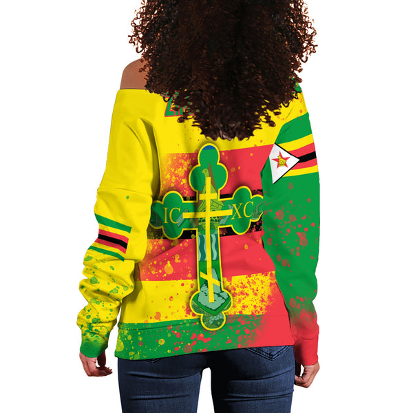 Zimbabwe Women Off Shoulder Sweatshirt Flag & Coat Of Arms Orthodox Style