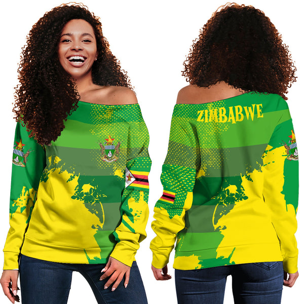 Zimbabwe Women Off Shoulder Sweatshirt Flag & Coat Of Arms Paint Style