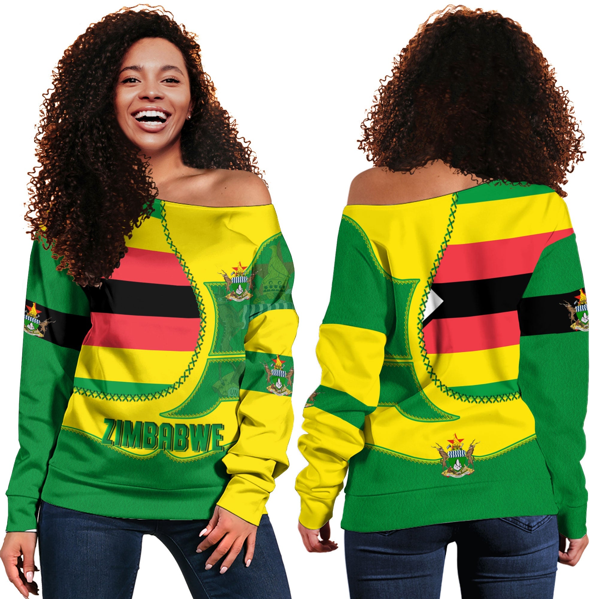 Zimbabwe Women Off Shoulder Sweatshirt Flag & Coat Of Arms Leather Style