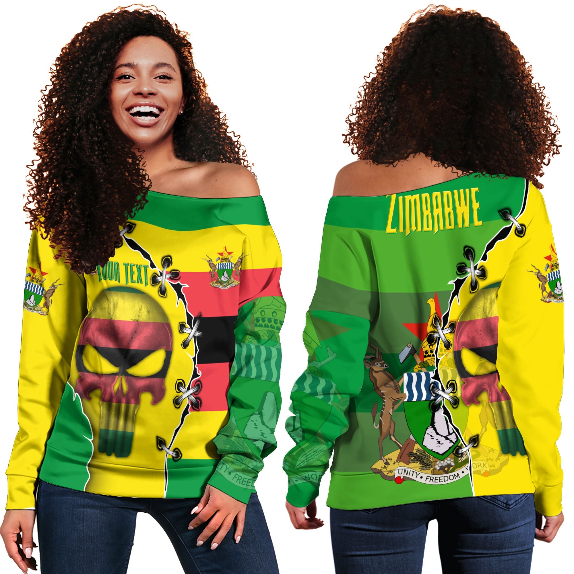 Zimbabwe Women Off Shoulder Sweatshirt Flag & Coat Of Arms Skull Style