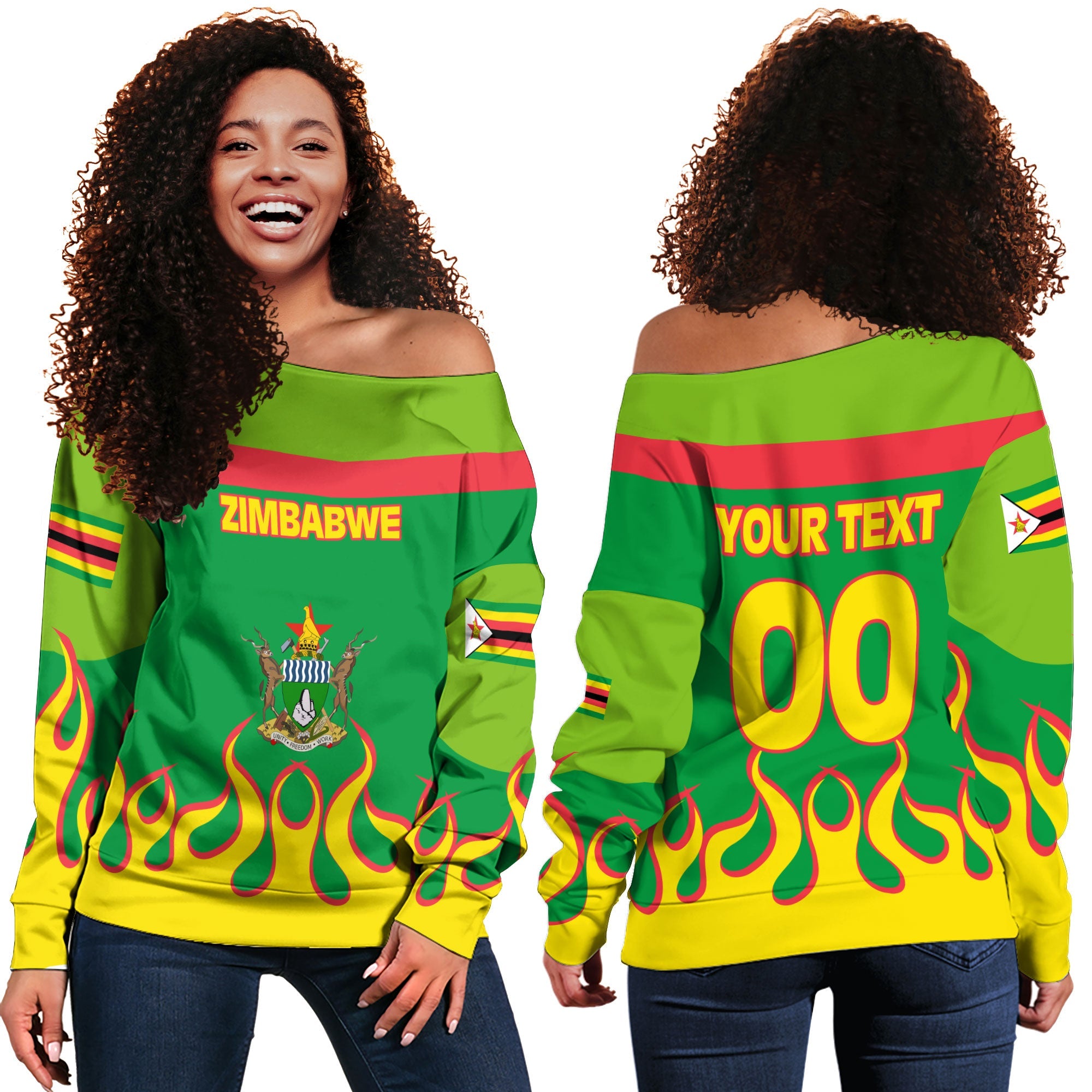 Zimbabwe Women Off Shoulder Sweatshirt Flag & Coat Of Arms Fire Hockey Style