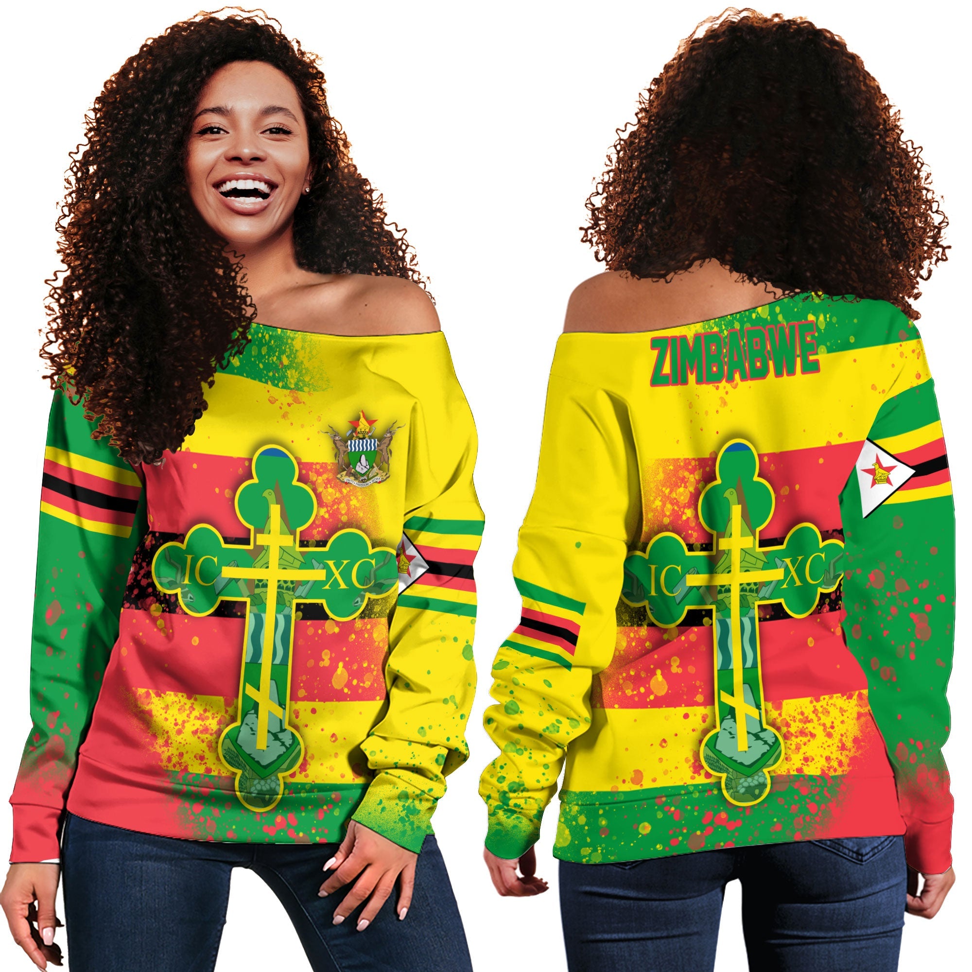 Zimbabwe Women Off Shoulder Sweatshirt Flag & Coat Of Arms Orthodox Style