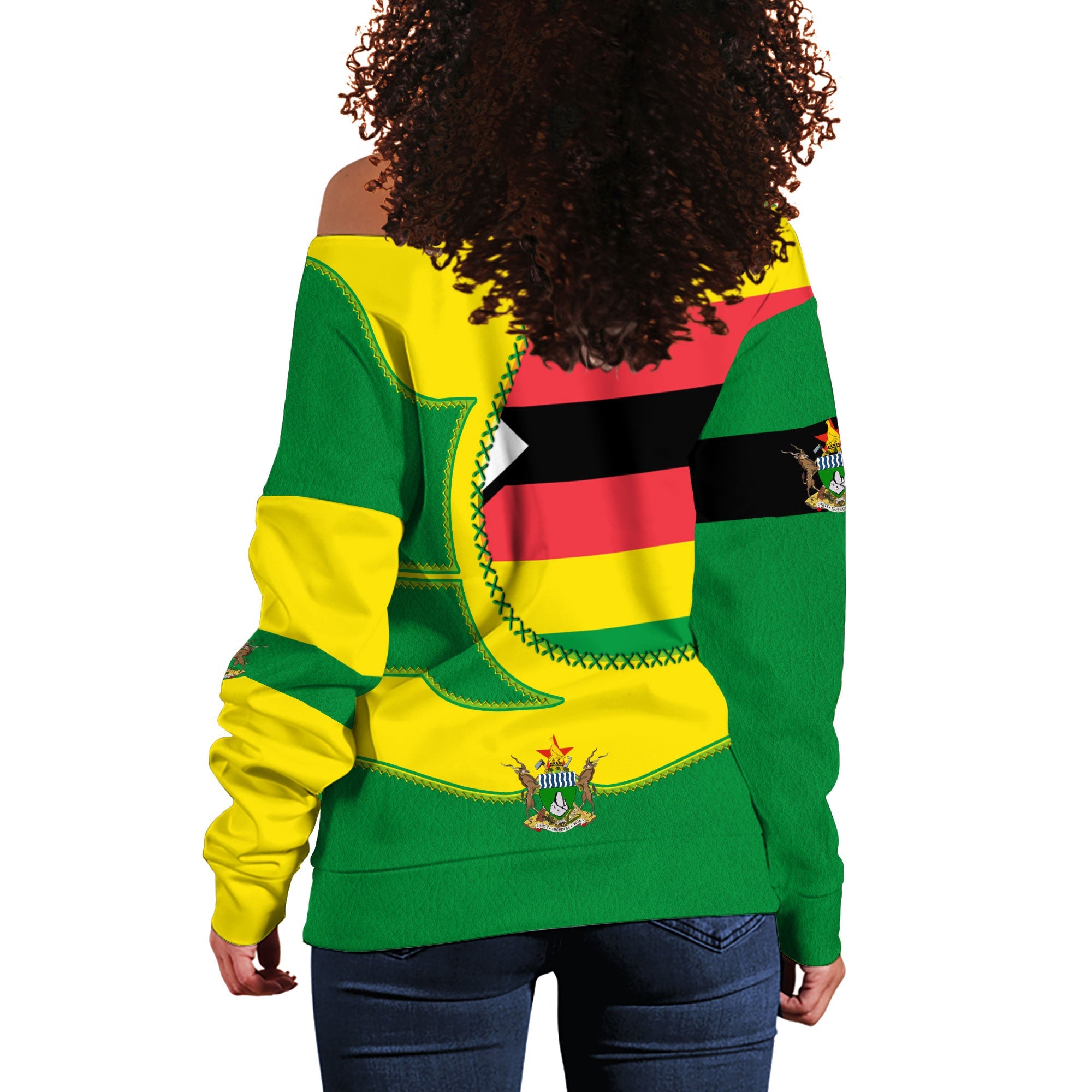 Zimbabwe Women Off Shoulder Sweatshirt Flag & Coat Of Arms Leather Style