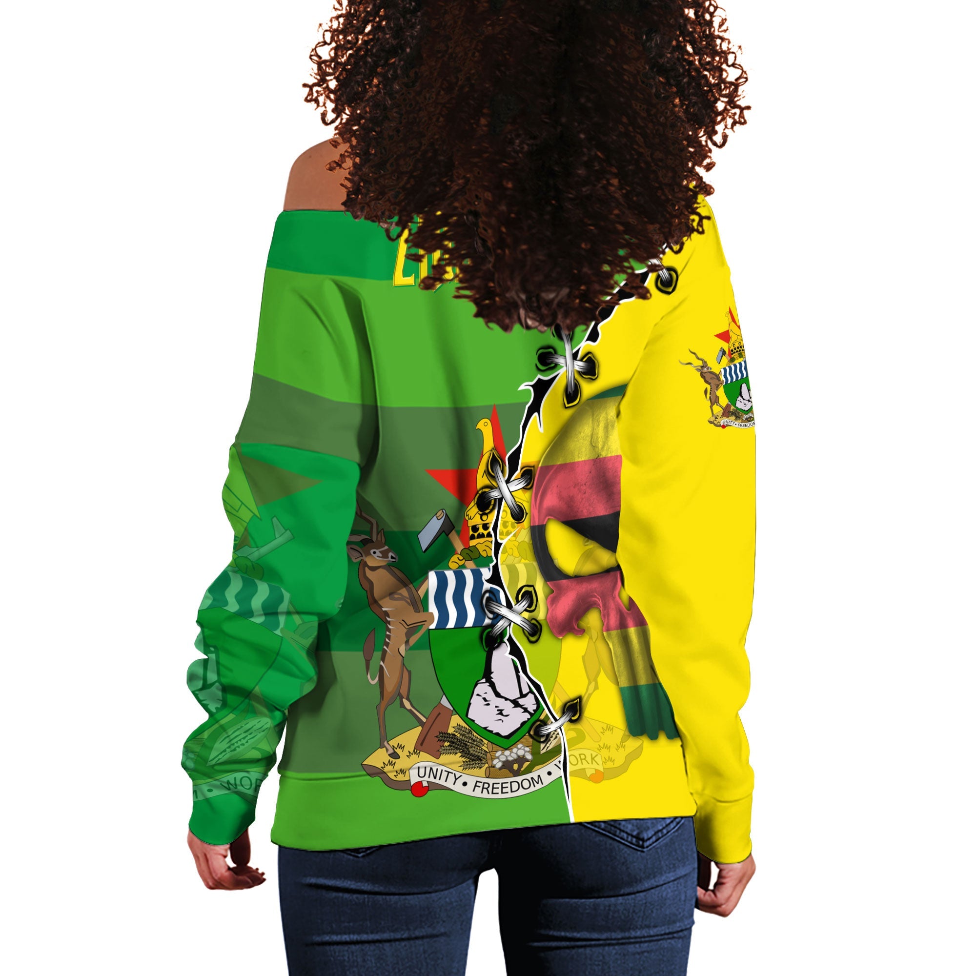 Zimbabwe Women Off Shoulder Sweatshirt Flag & Coat Of Arms Skull Style