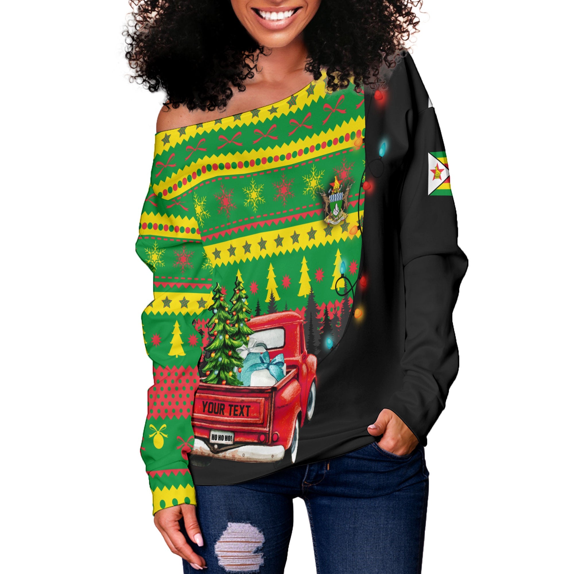 Zimbabwe Women Off Shoulder Sweatshirt Coat Of Arms Christmas Style