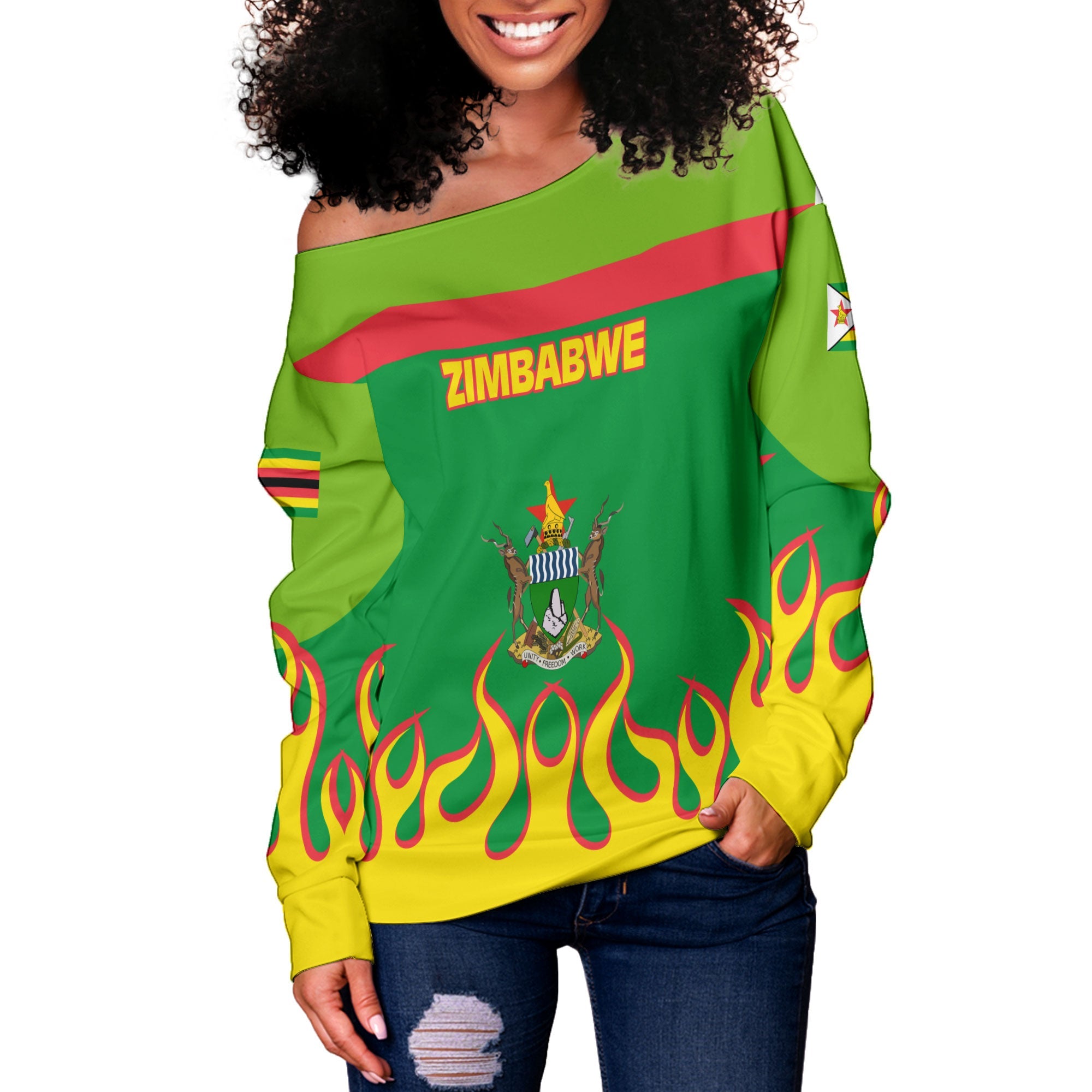 Zimbabwe Women Off Shoulder Sweatshirt Flag & Coat Of Arms Fire Hockey Style