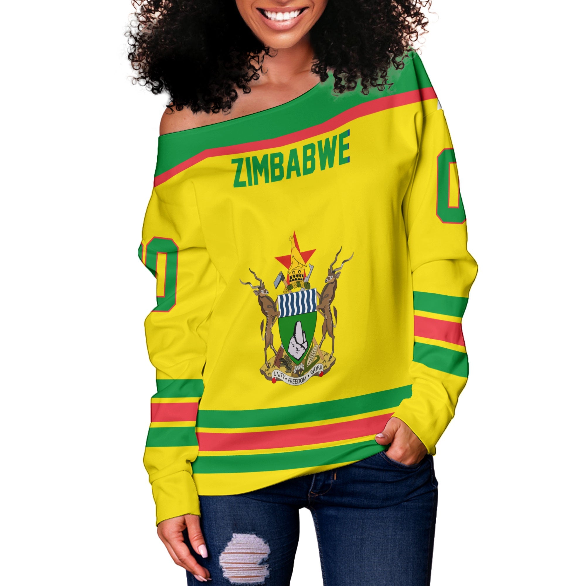 Zimbabwe Women Off Shoulder Sweatshirt Flag & Coat Of Arms Hockey Style