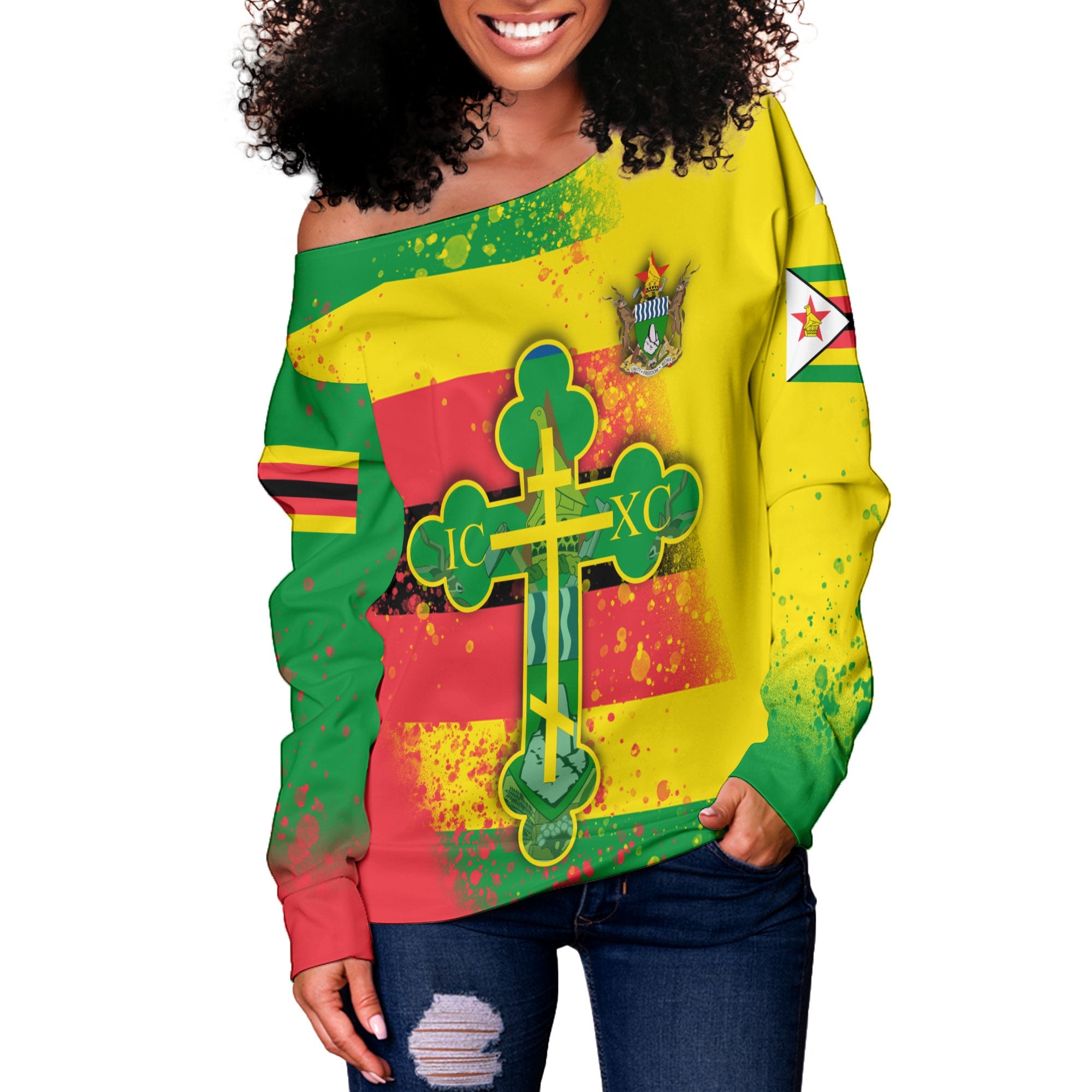 Zimbabwe Women Off Shoulder Sweatshirt Flag & Coat Of Arms Orthodox Style