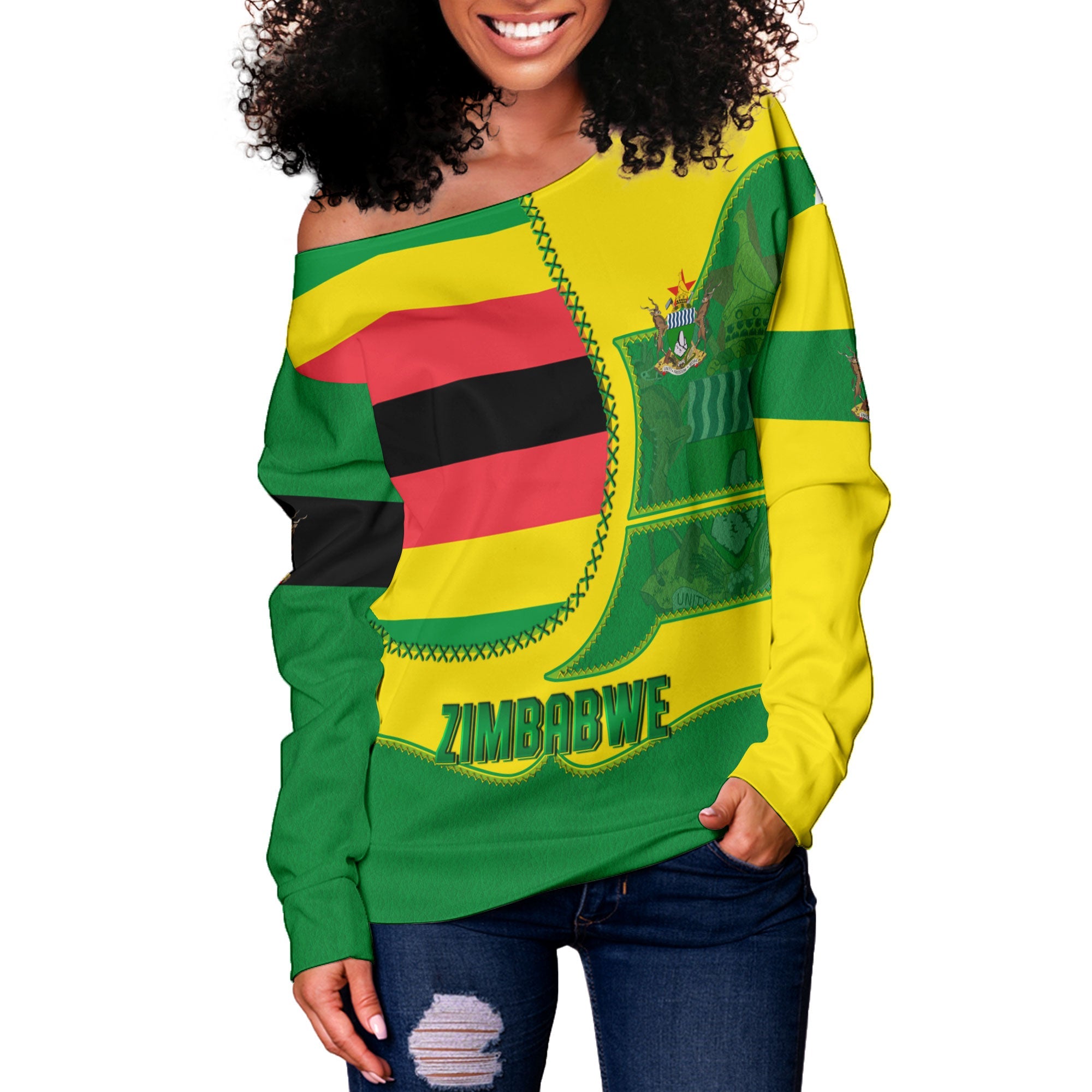 Zimbabwe Women Off Shoulder Sweatshirt Flag & Coat Of Arms Leather Style