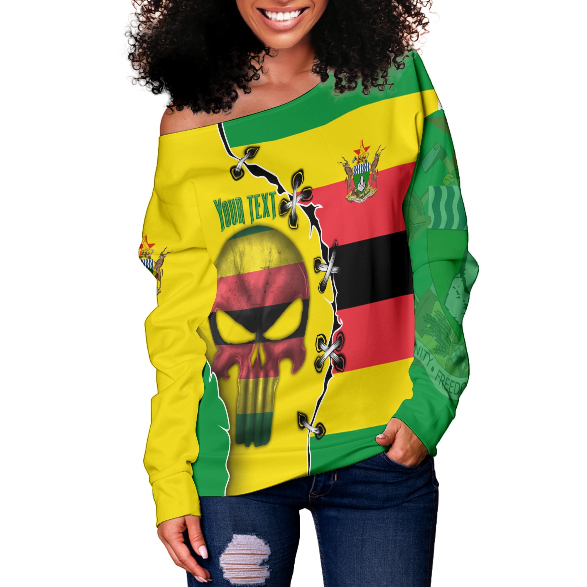 Zimbabwe Women Off Shoulder Sweatshirt Flag & Coat Of Arms Skull Style