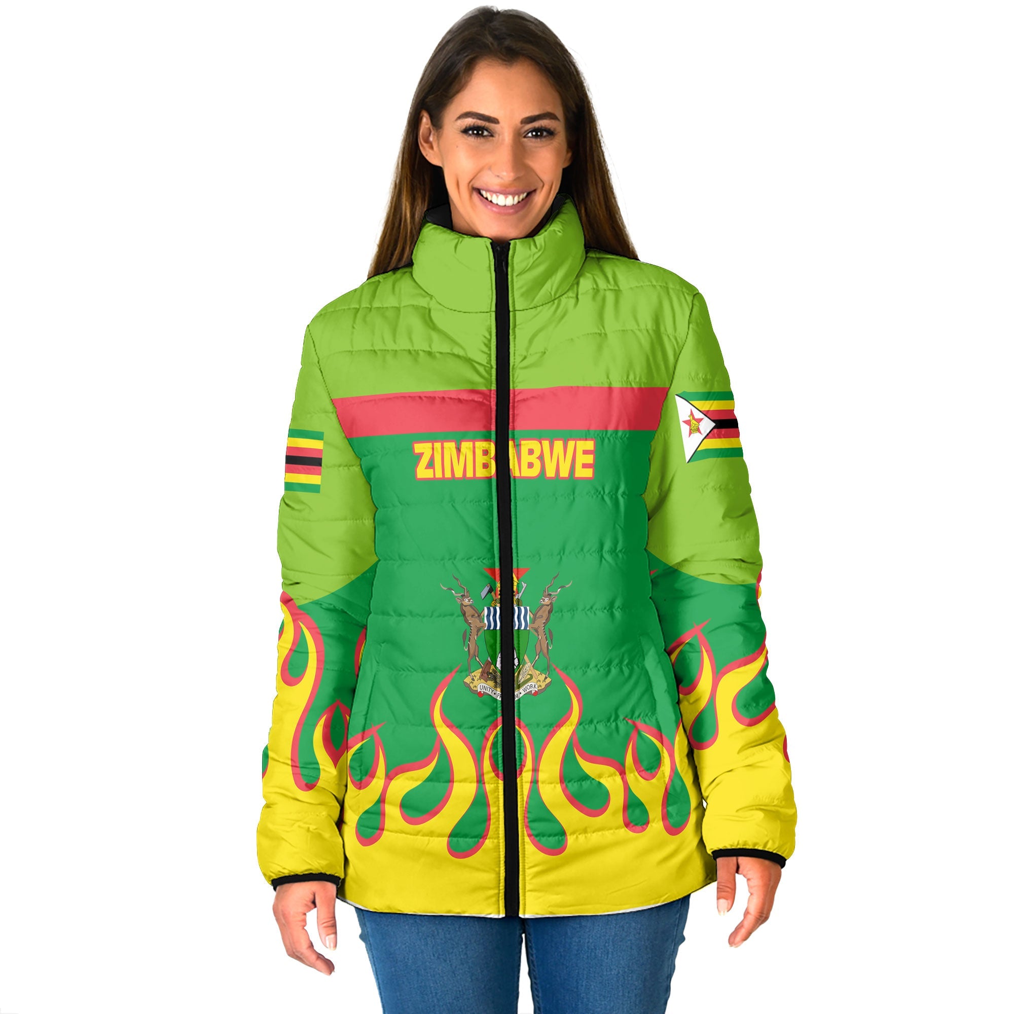 Zimbabwe Women Padded Jacket Flag & Coat Of Arms Fire Hockey Style